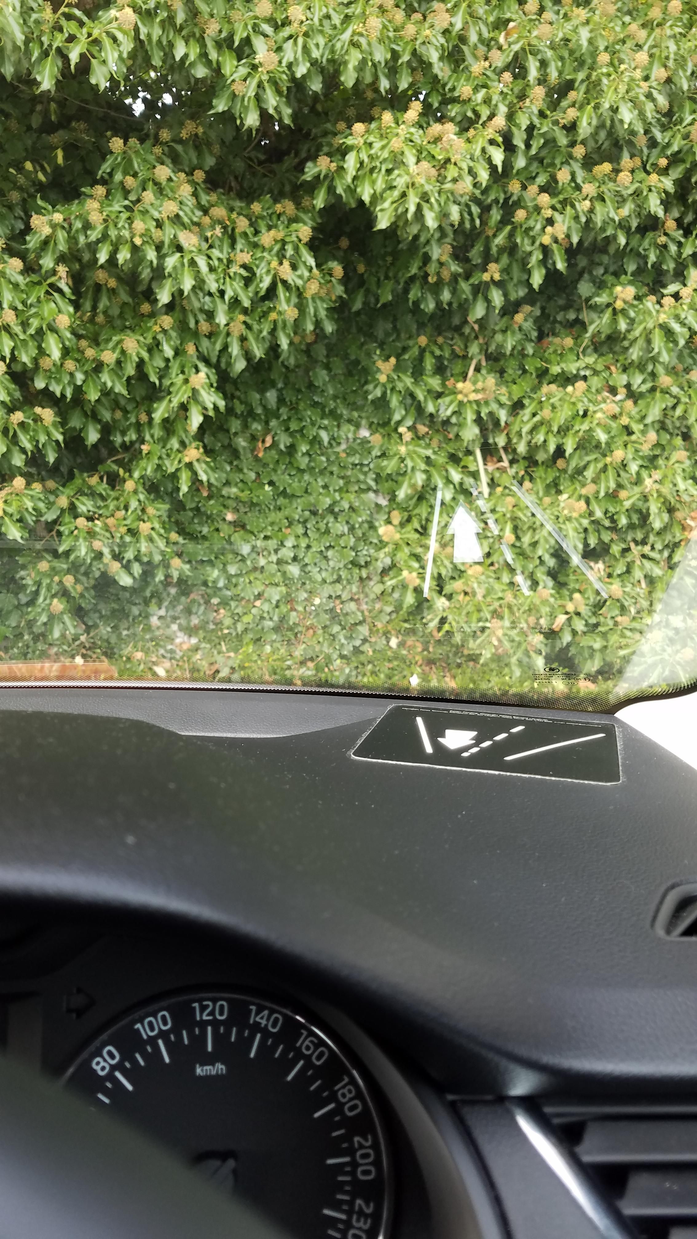 Rental car in Ireland has dashboard sticker that reflects in the windshield to remind you what side of the road to drive on.