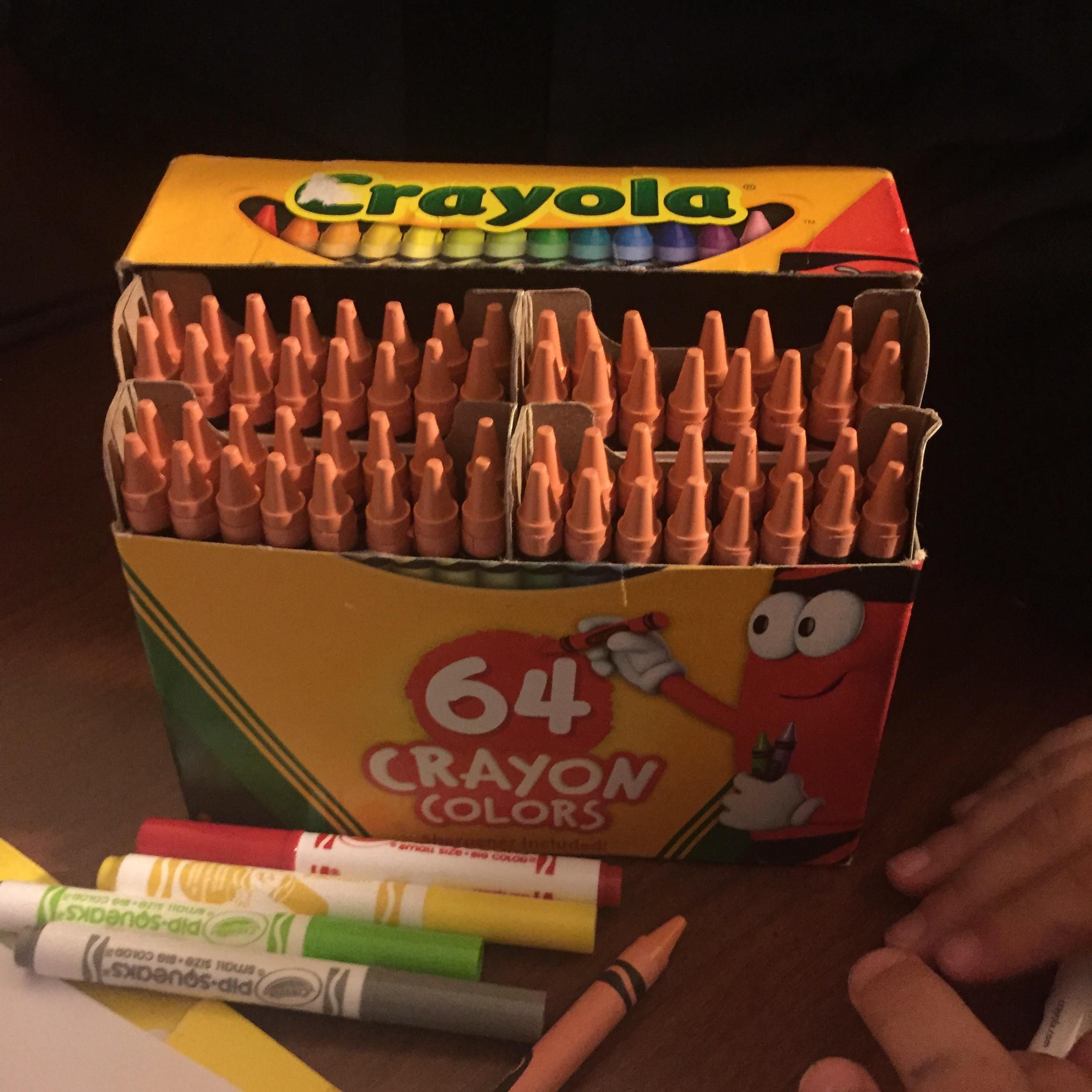 My sister bought a box of crayons, and they were all peach