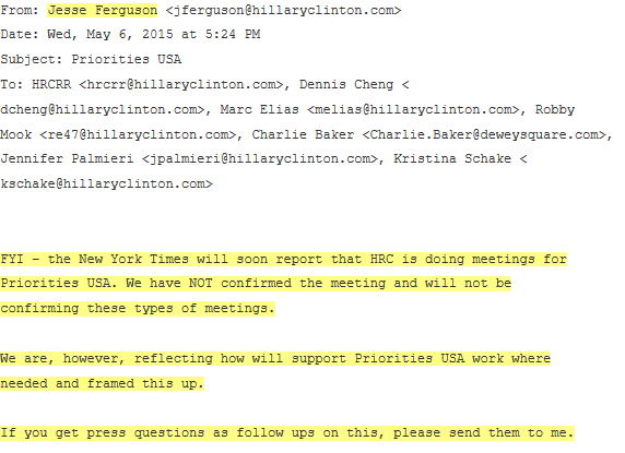 Jesse Ferguson, Key Spokesman at Hillary for America states they WILL NEVER CONFIRM MEETINGS WITH PRIORITIES USA PAC AND HILLARY CLINTON