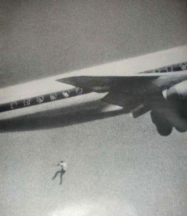 Photo of a 14 year old falling to his death over Sydney Airport from the wheel well of a Douglas DC-8 flight departing for Tokyo. Captured accidentally by an amateur photographer. Feb 24 1970