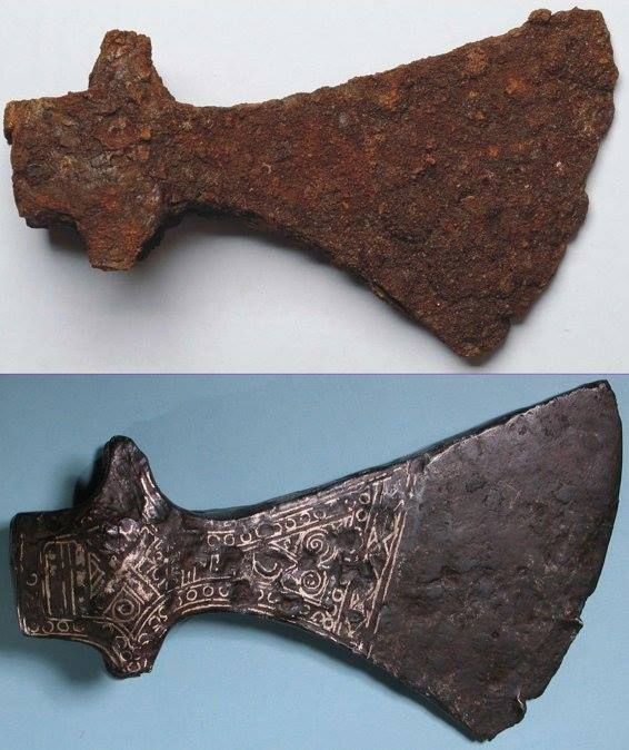 Ax from Viking era, before and after conservation 10th–11th century