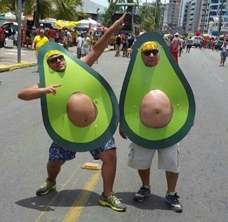 Two fat guys in avocado costumes