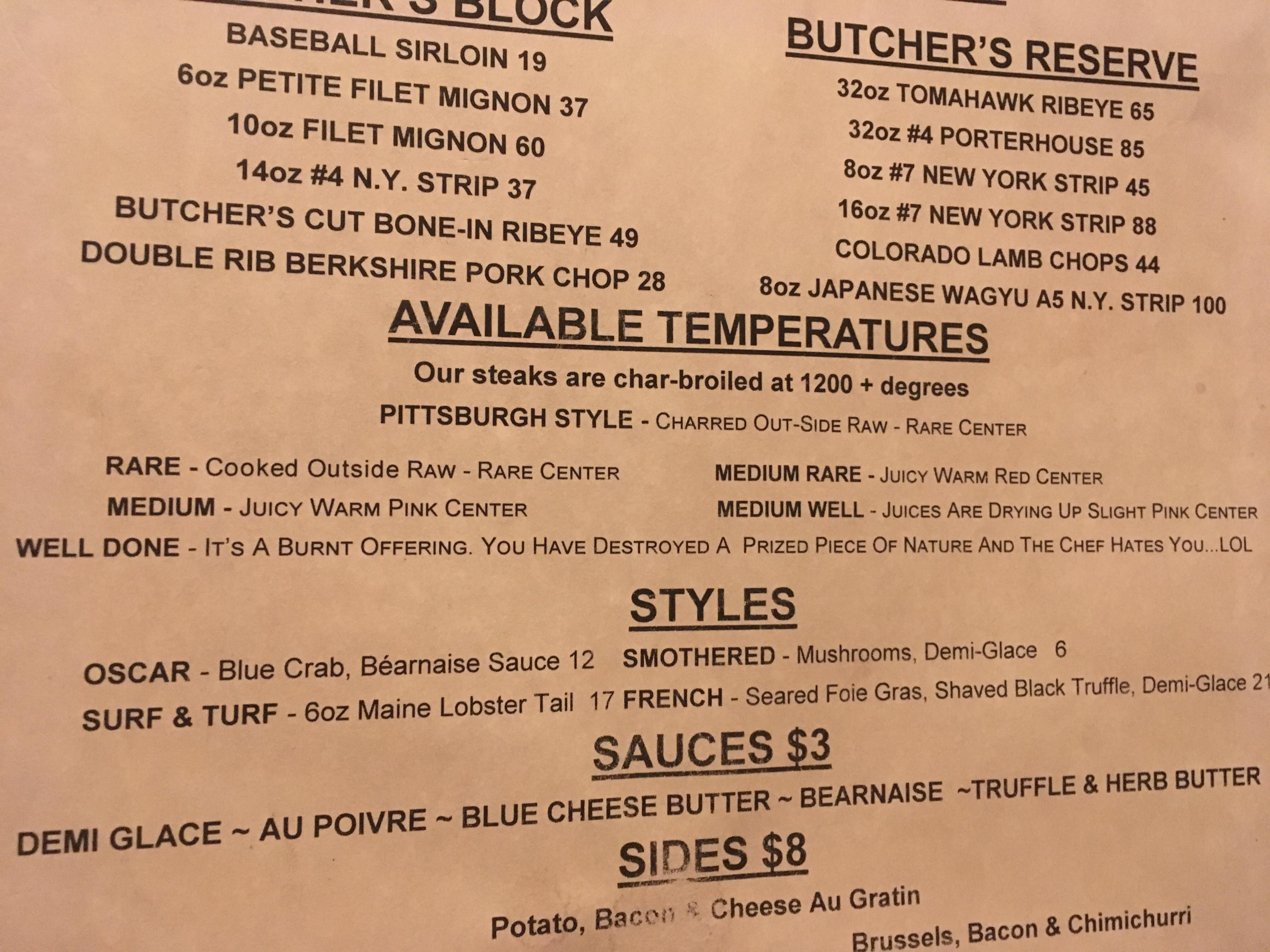 The description of 'well done' at a nearby steakhouse