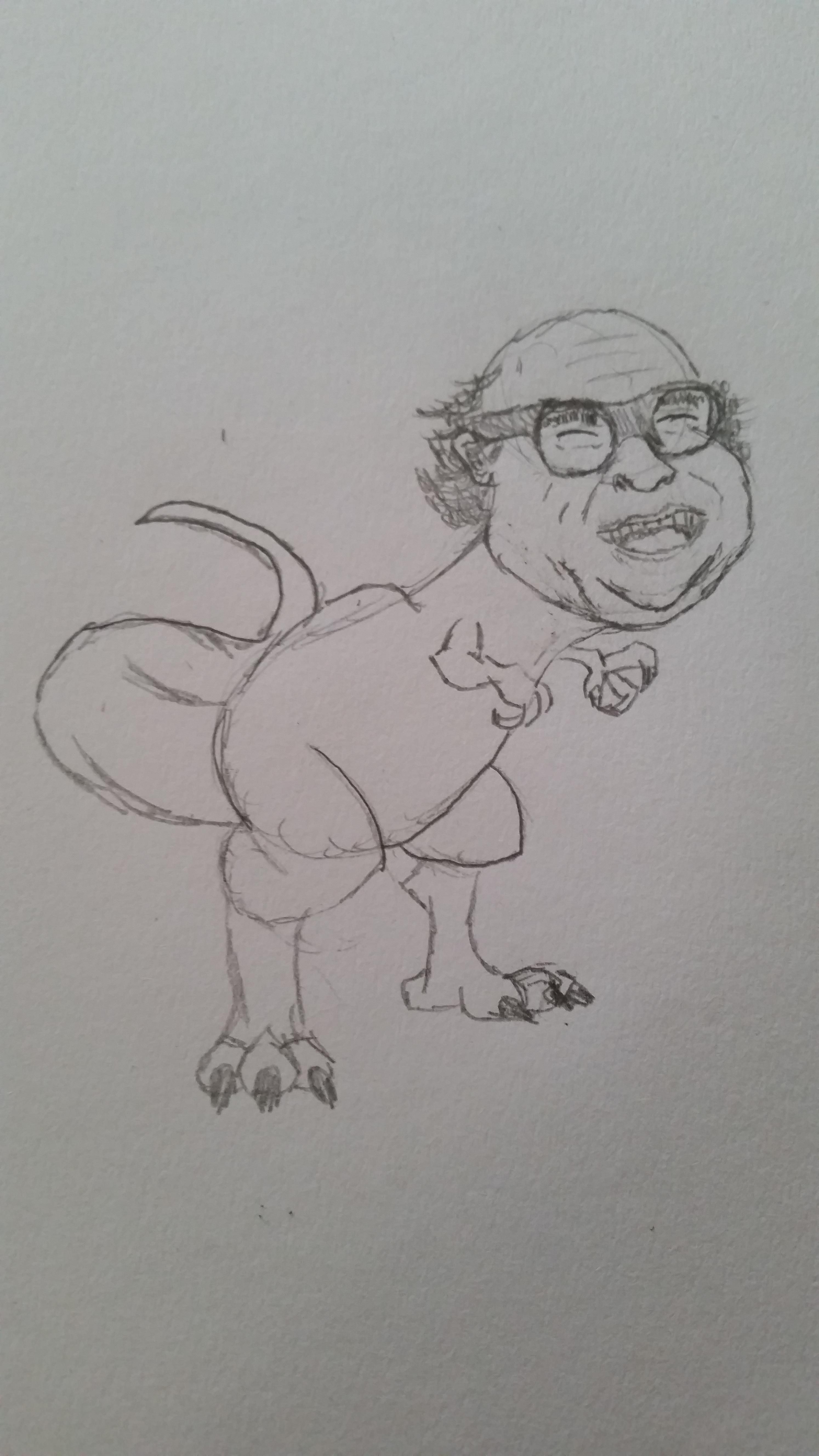 My brother jokingly told my son to draw Danny Devito's head on a dinosaur body...and he did!