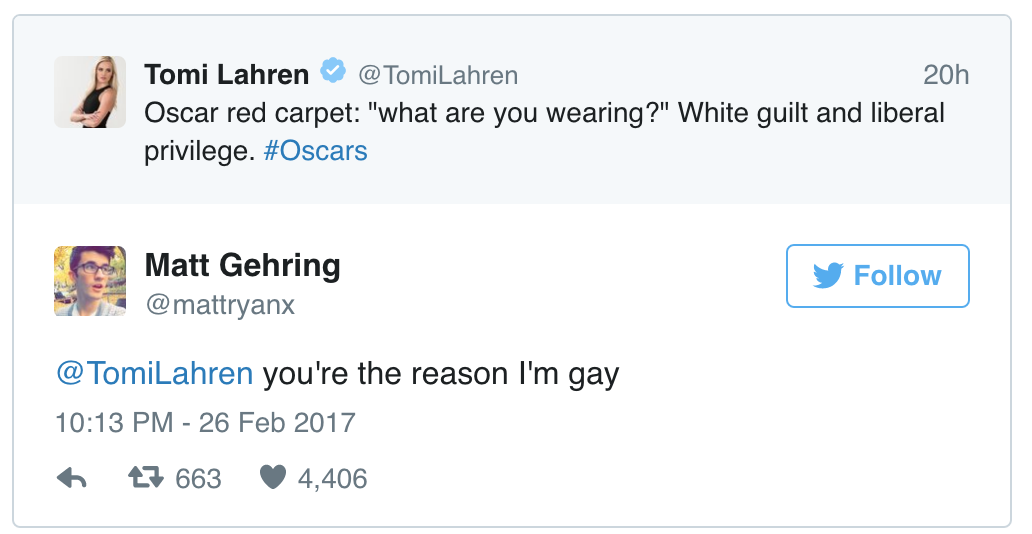A young gentleman reacts to Tomi Lahren's Oscar coverage.