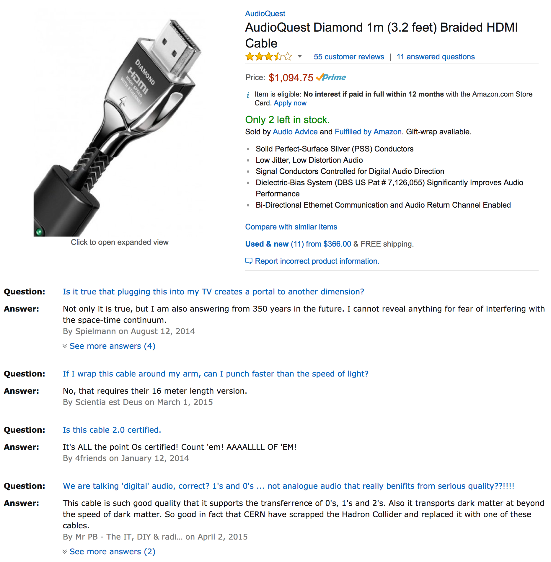 Questions answered about a $1000 HDMI cable on Amazon.