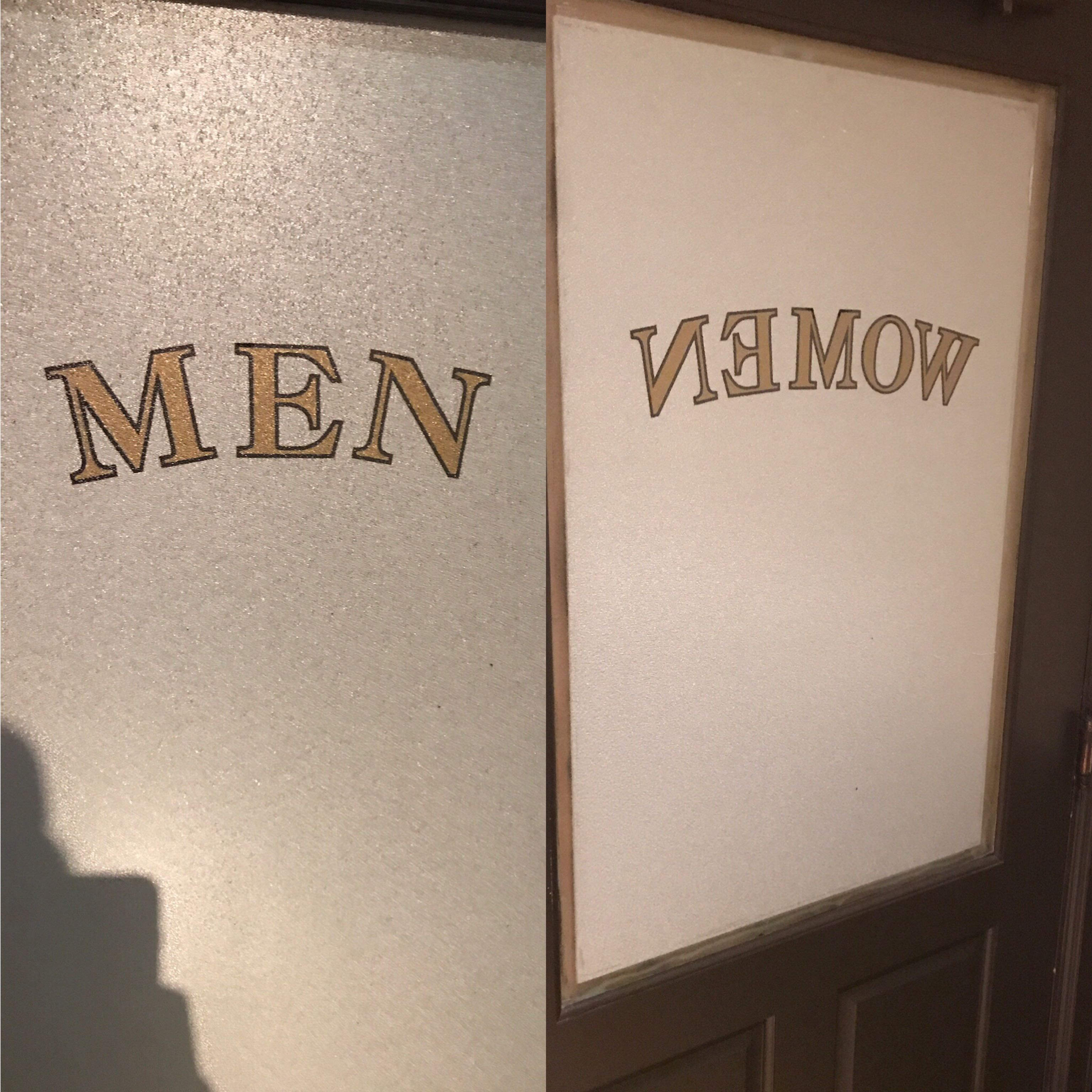 The bathroom door says "men" from the outside but from the inside says "women" spelled backwards so you think you were in the wrong bathroom