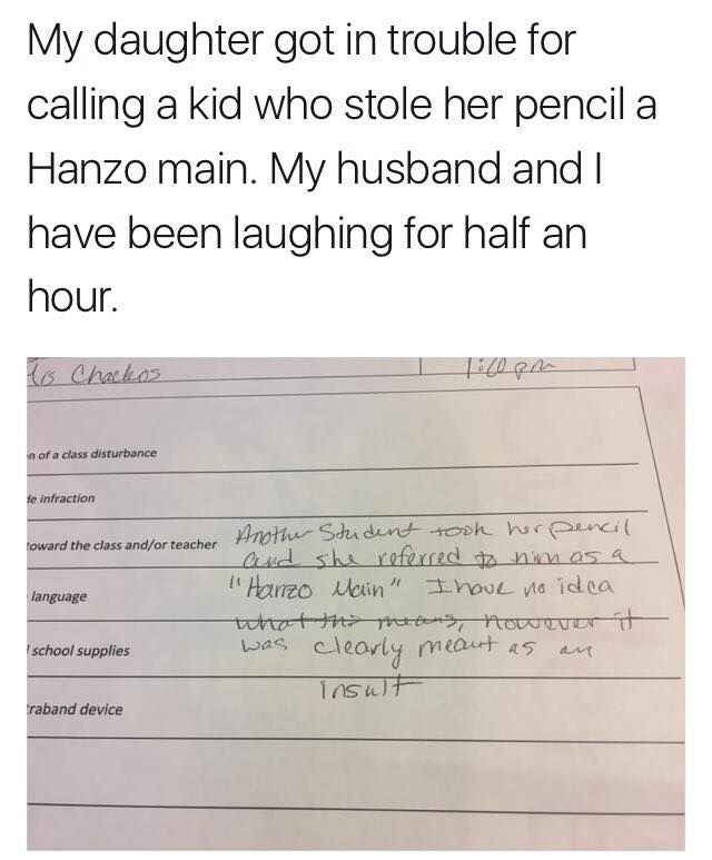 12 year old girl written up by her teacher for using an Overwatch themed insult in class.