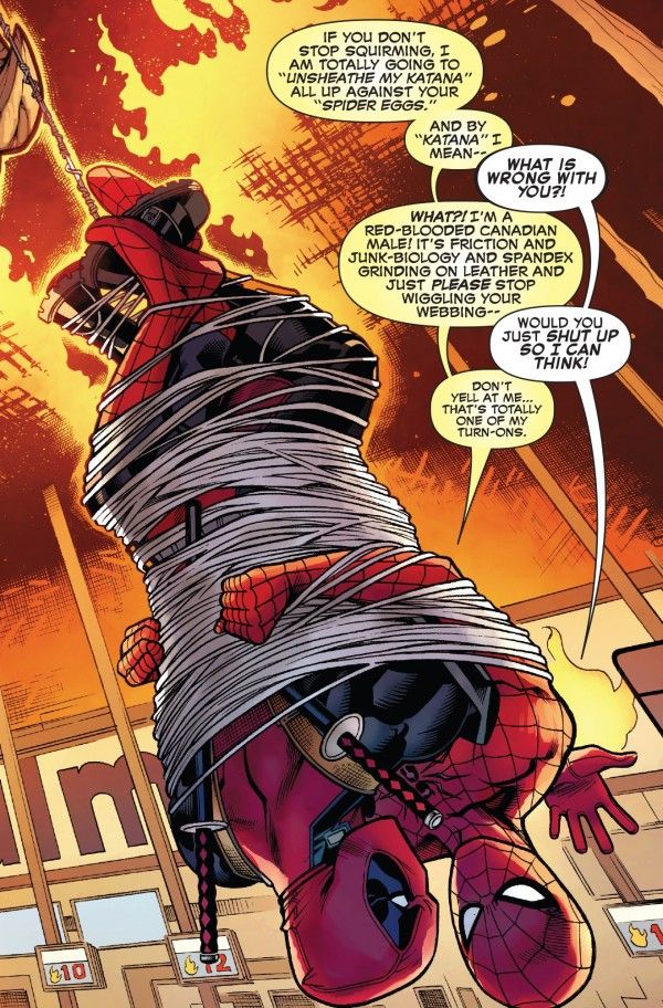 Deadpool and Spiderman having a moment.