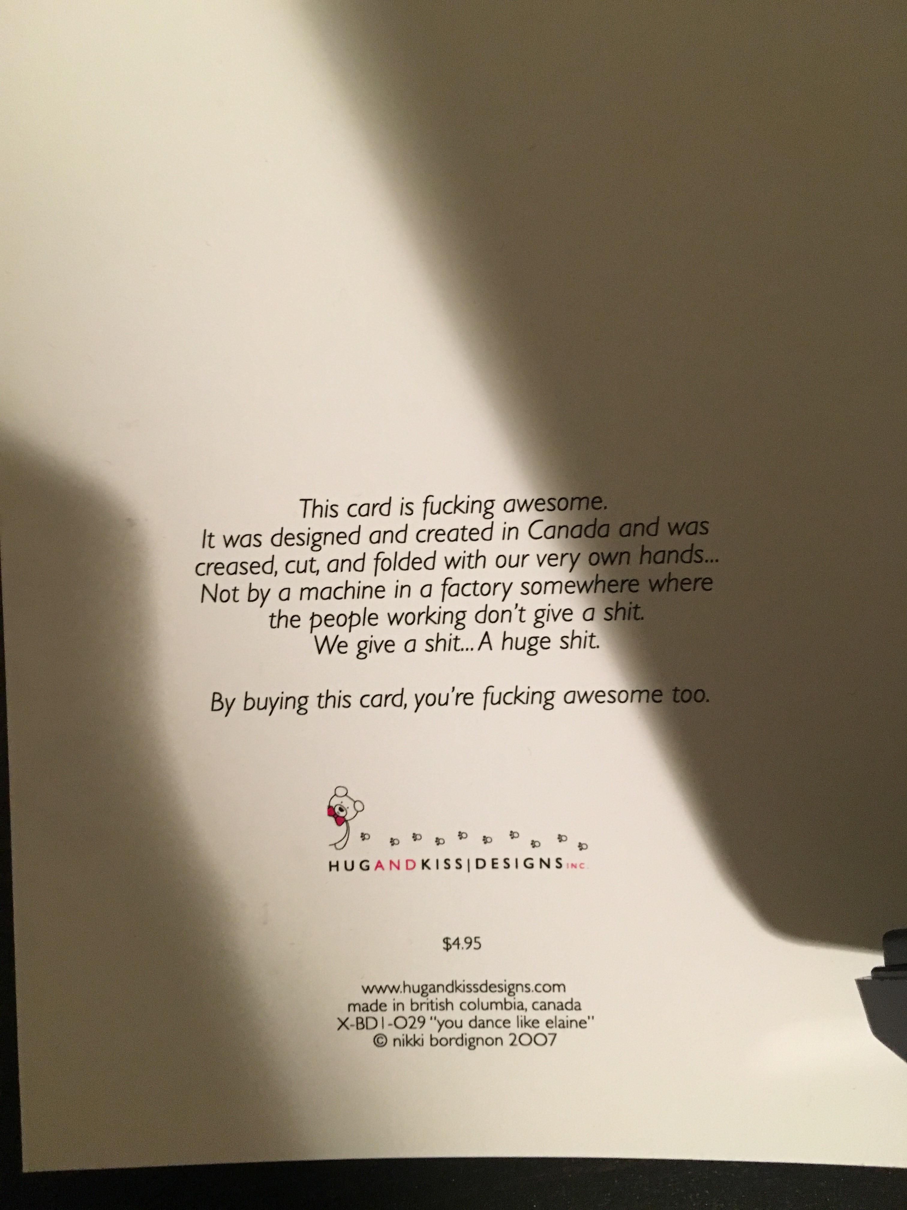 The back of a card I received