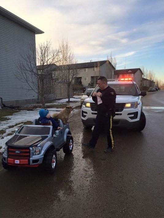 An officer saw a toddler driving his truck, pull him over & gave him his first ticket. Fort McMurray, Canada