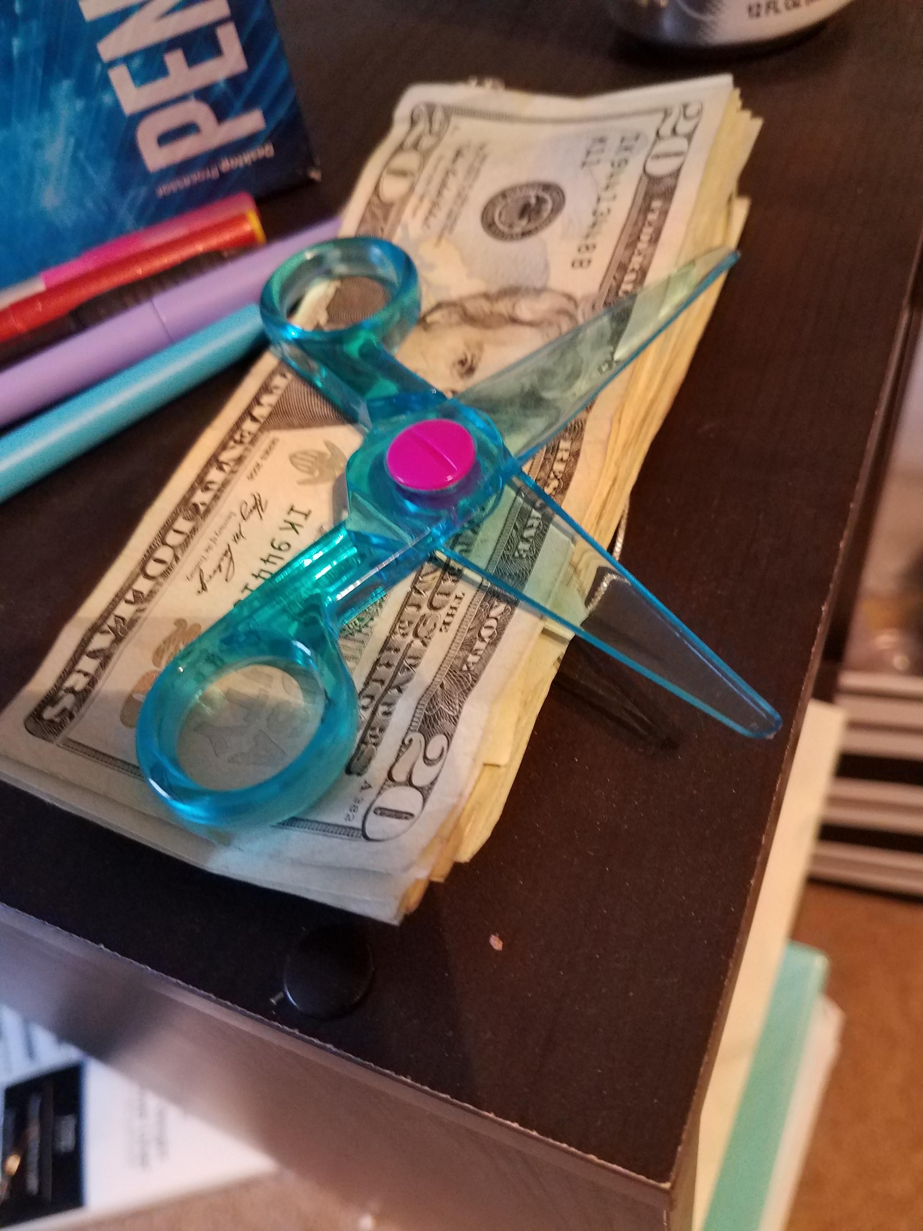 My 4 year old asked if she could use her new scissors to cut some paper she found. I'm sure glad I looked to see what she had first. Our rent.