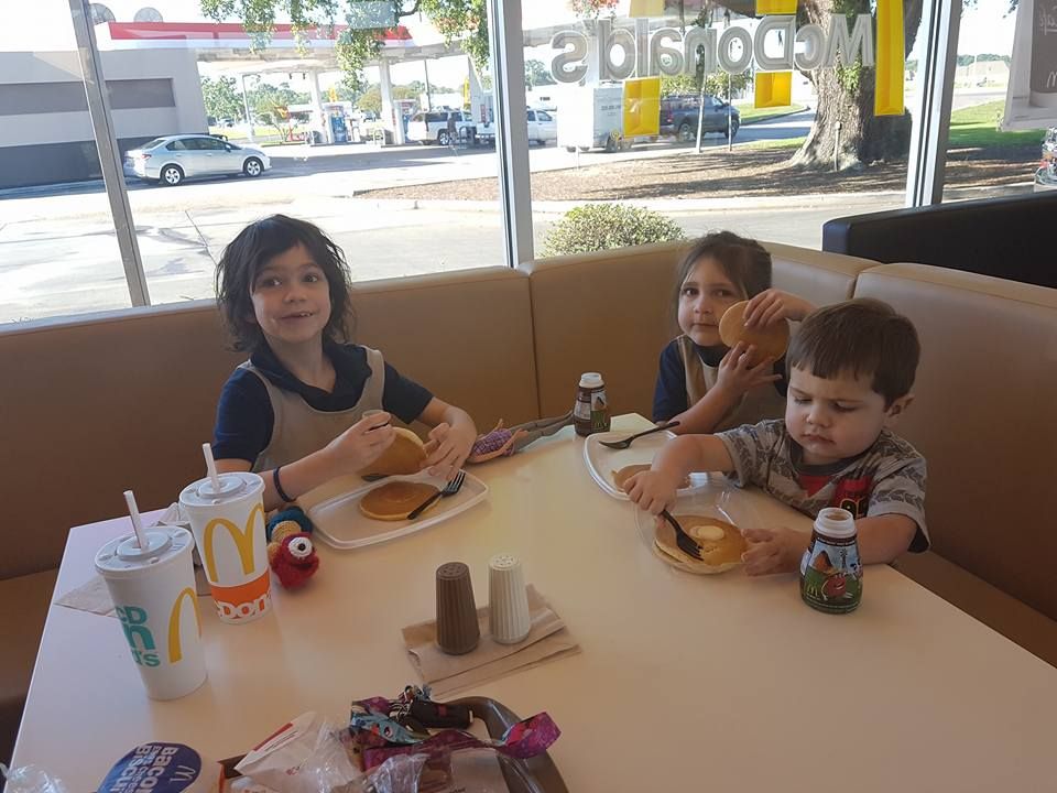 We woke them up at 8 telling them that they where late for school and today is super test day. We studied in the car all the way to "school". We got to Mcd's and told them.