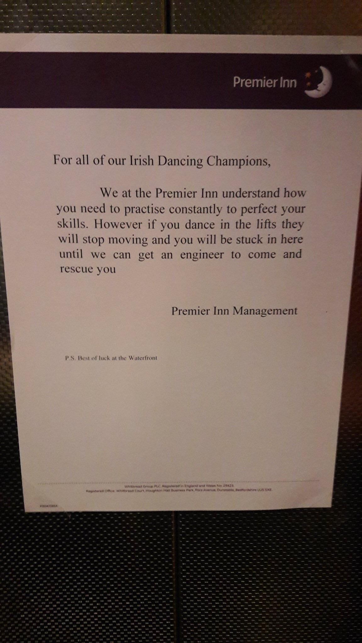Belfast hotel warns Irish dancing guests against practising in elevator.