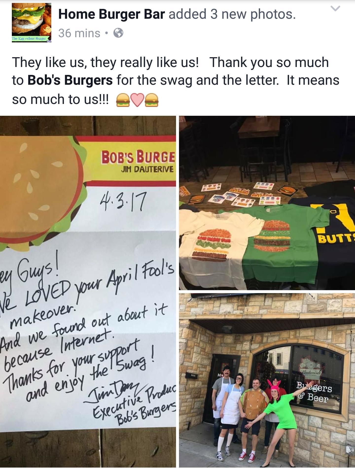 Update: Local bar that turned into Bob's Burgers got a note and swag from Jim Dauterive