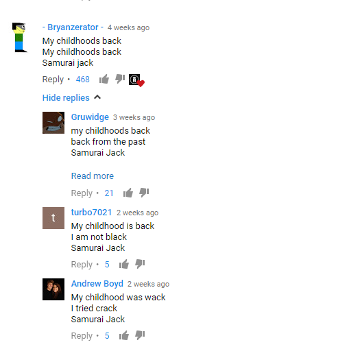 Comment section of samurai jack video