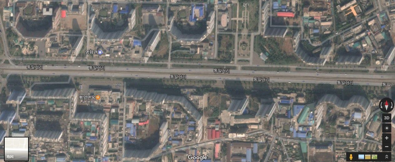 Pyongyang's high-rise buildings as seen from Google maps: just flimsy facades facing the highway