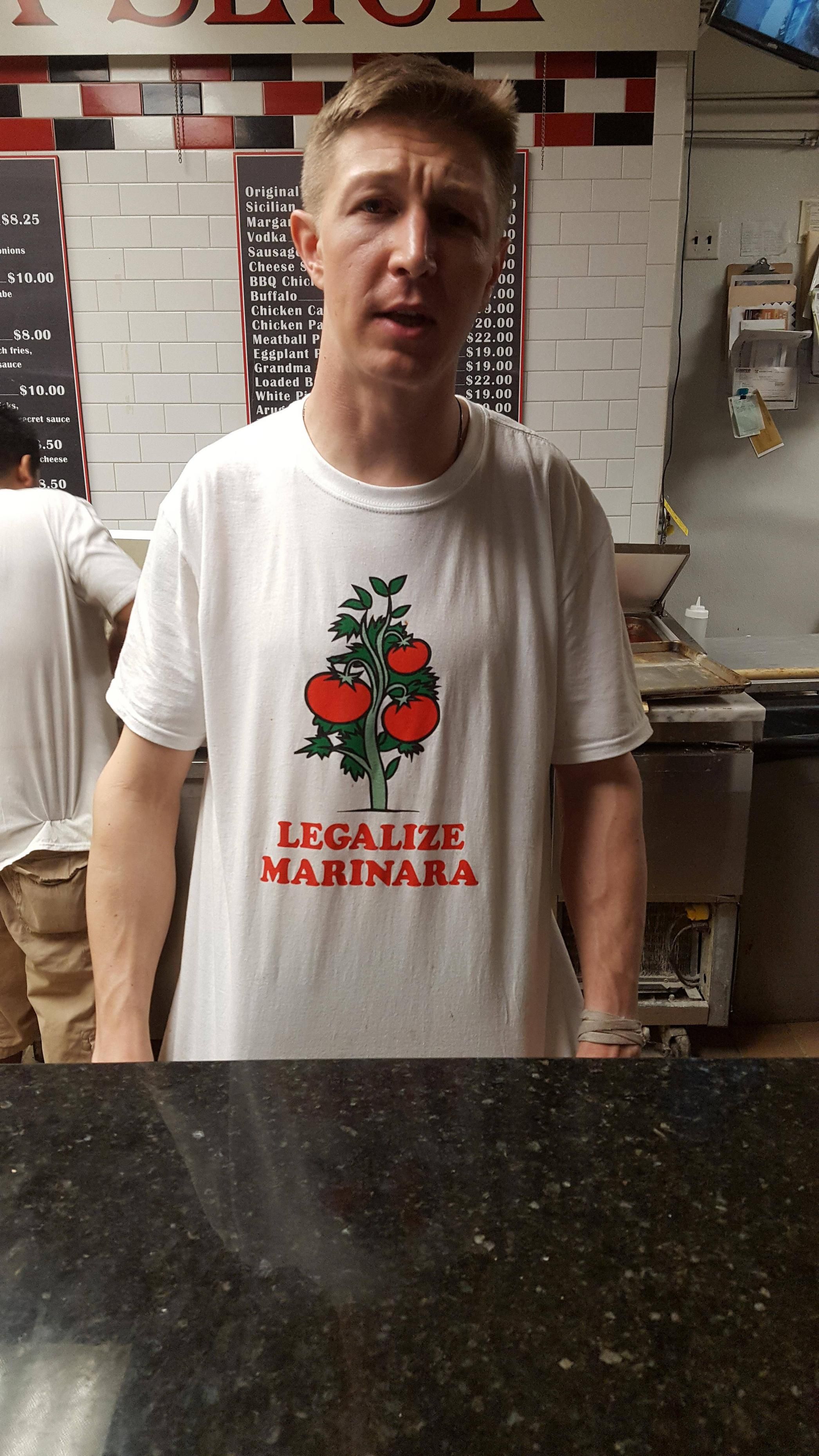 Seen at a pizza shop in New Jersey. The whole staff was wearing them. Photo taken with permission.