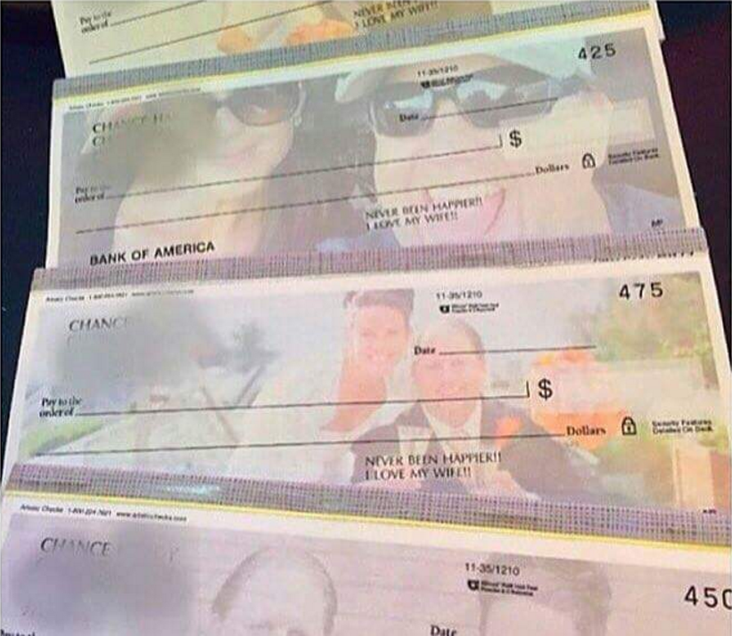 Alimony paid with custom checks featuring Chance and his new wife!