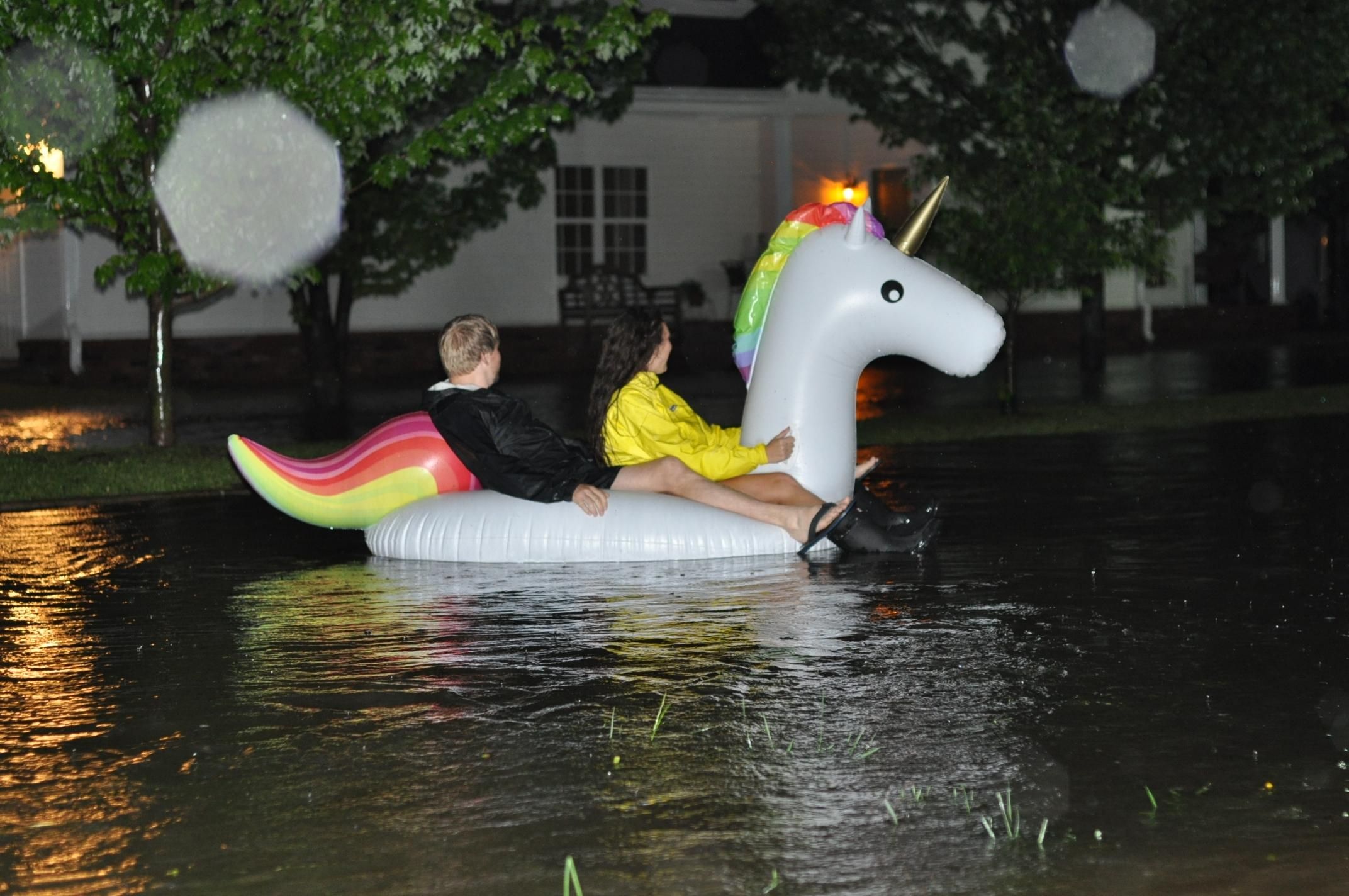 I live in Fayetteville, AR where we are currently getting record flooding. So naturally, my neighbors rode their unicorn through the streets.