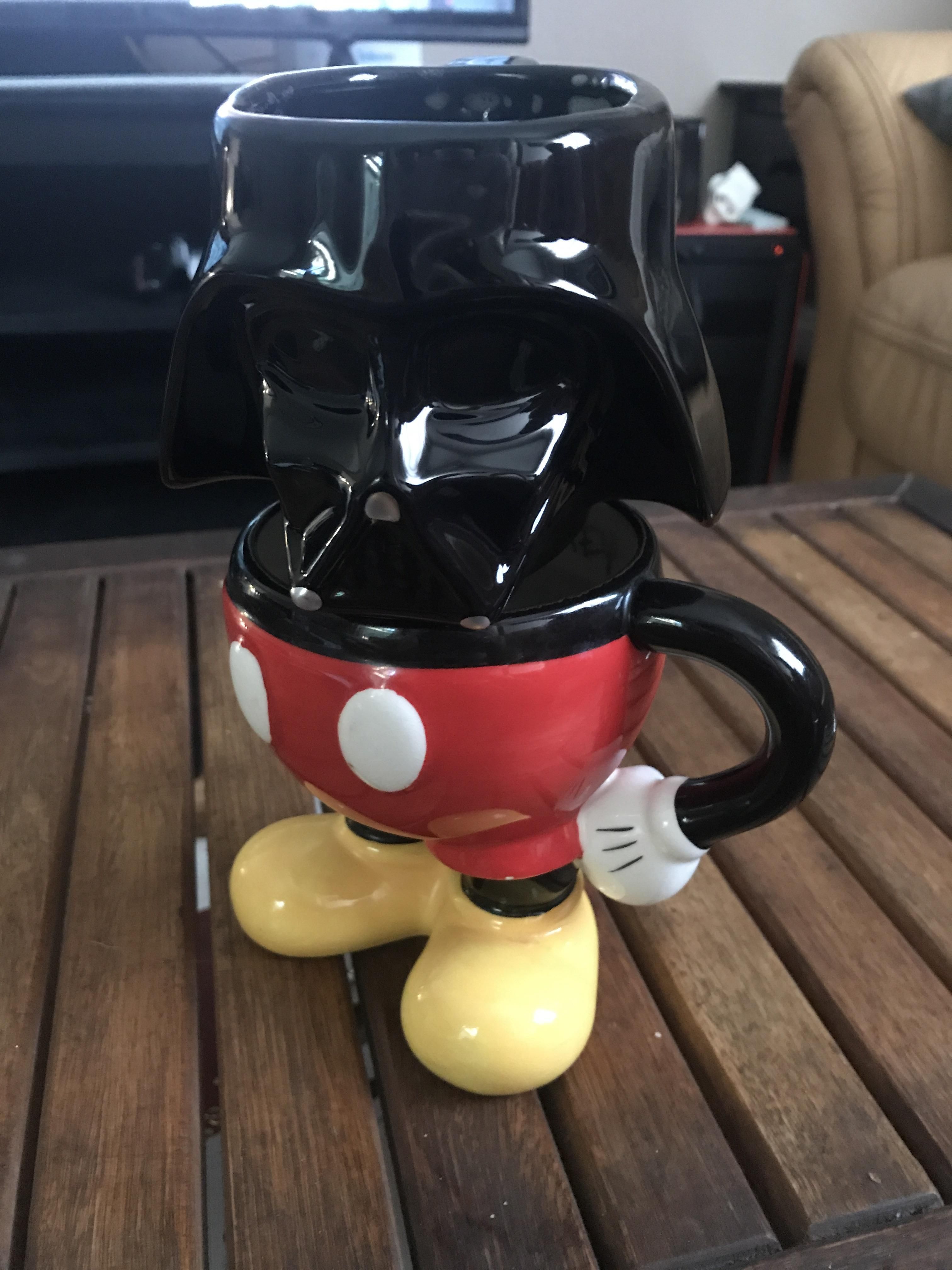 I'm a Star Wars fan, and my wife a Disney fan. She had an idea to stack our novelty cups.