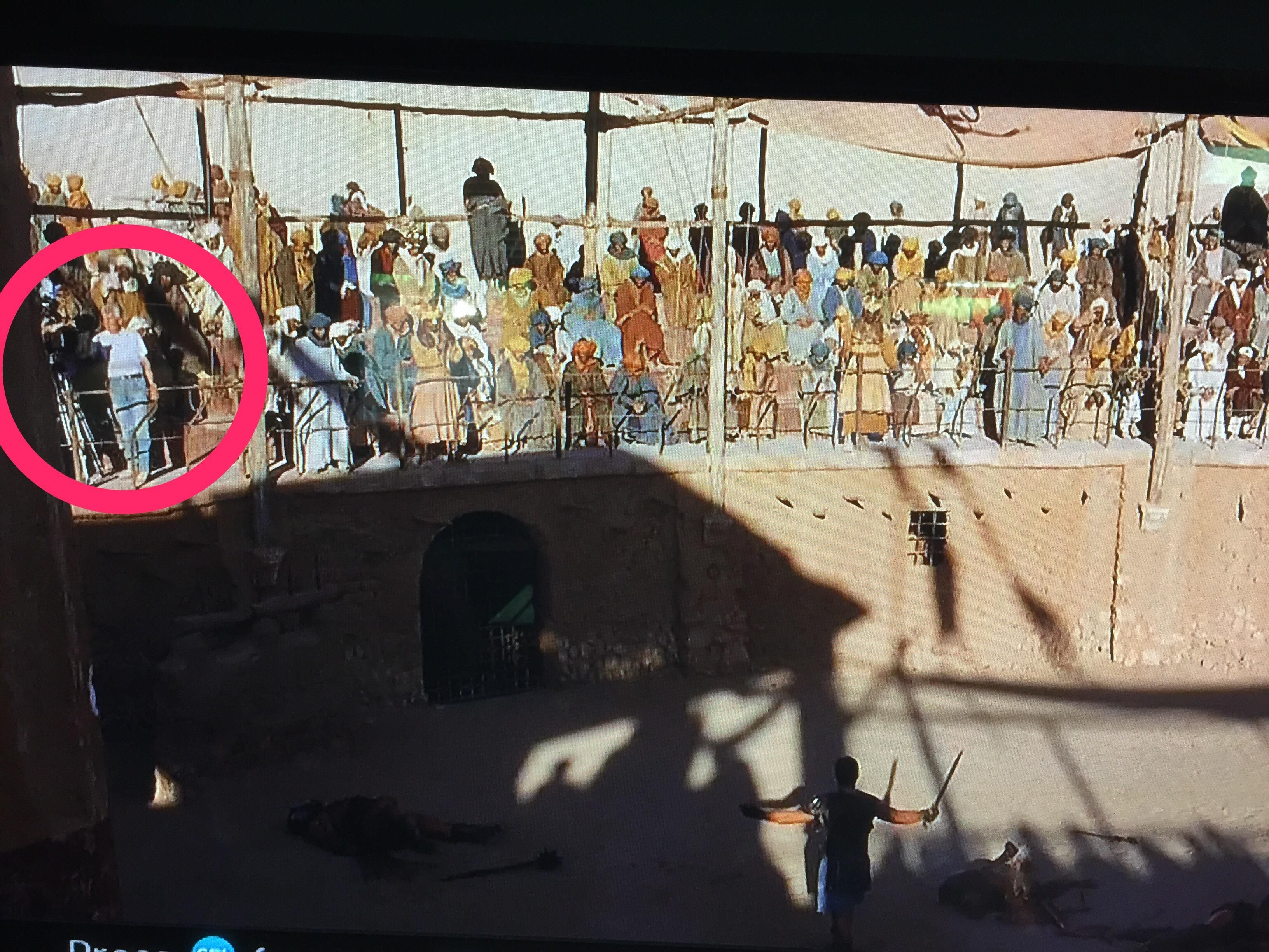 My son spotted the camera, tripod and assistant in the movie Gladiator, when he was yelling, "Are you not entertained?"