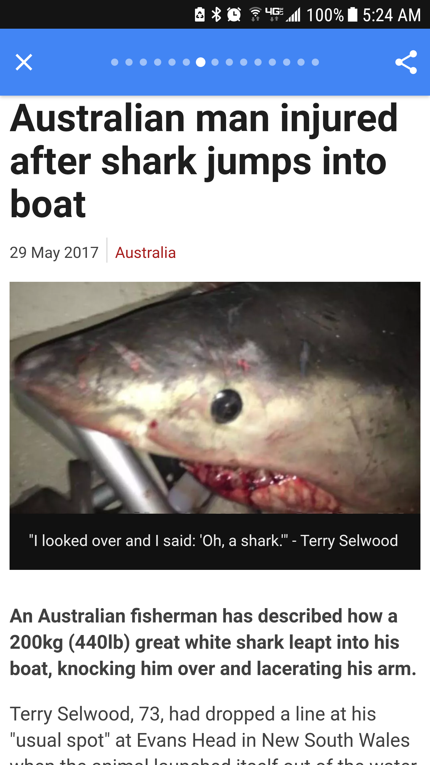 I can't think of a more Australian response to seeing a 440 lb Great White shark jump into your boat.