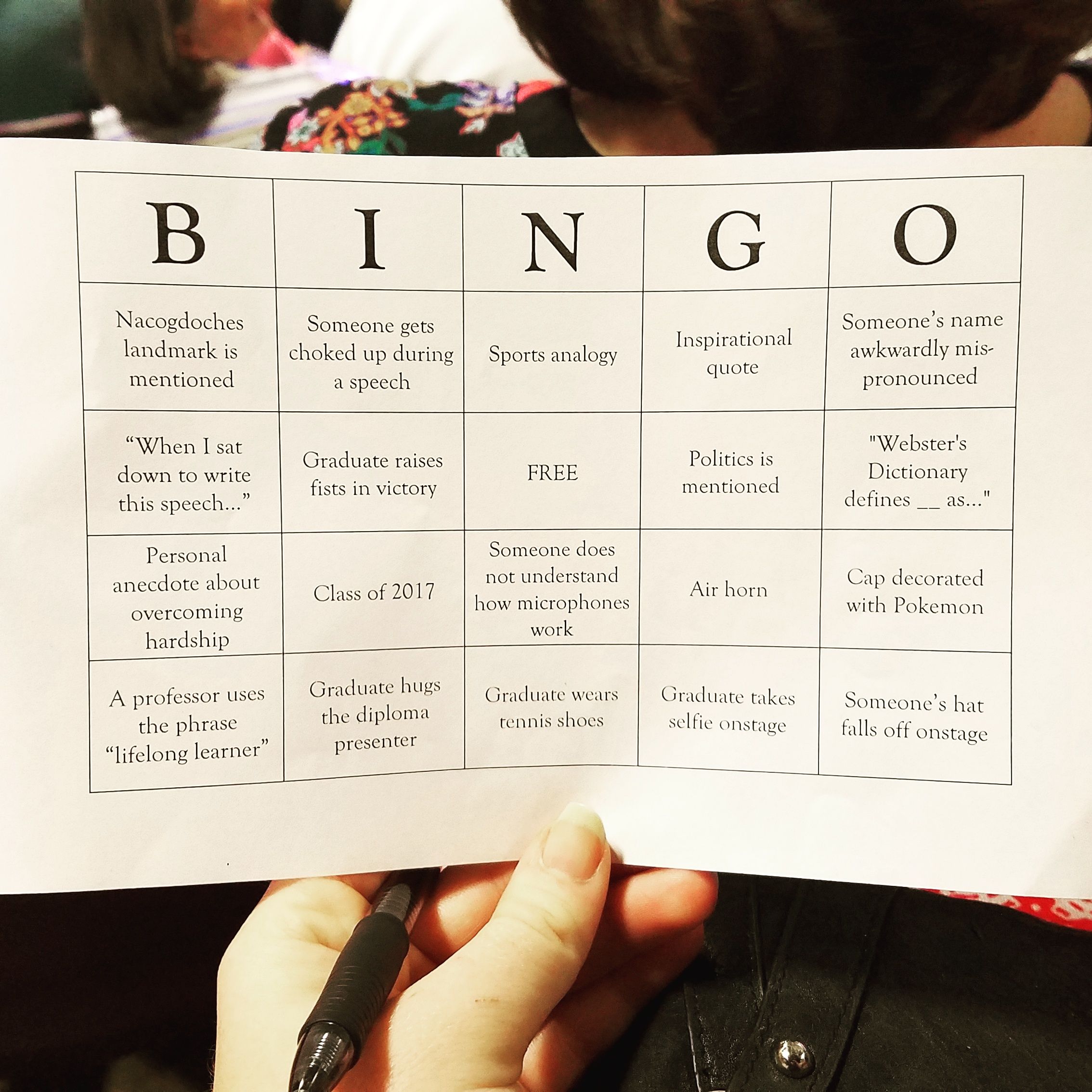 My family played bingo during my brother's graduation to pass the time.