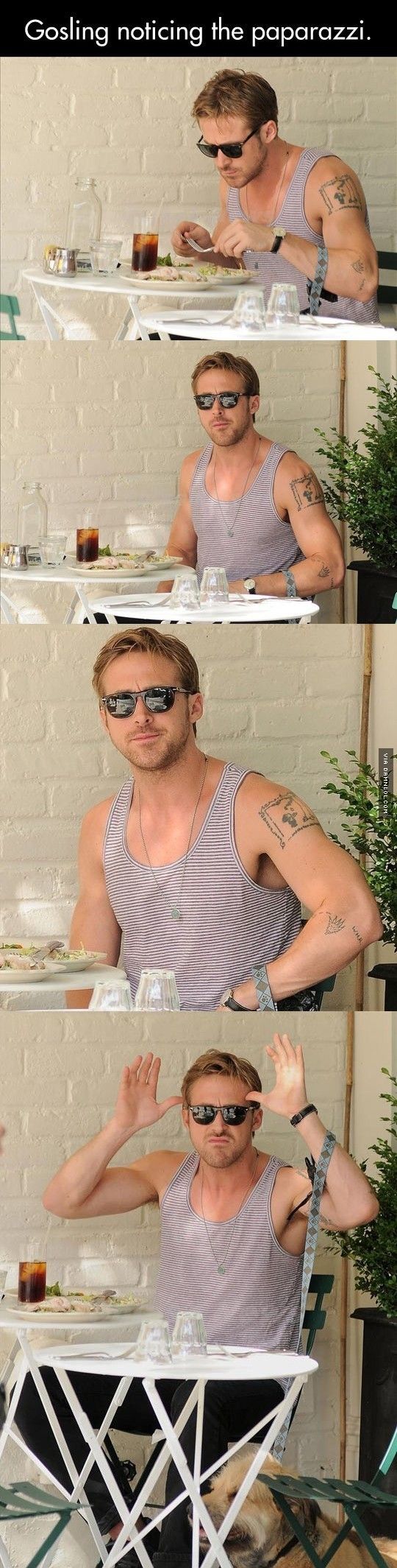 Ryan Gosling noticing the paparazzi