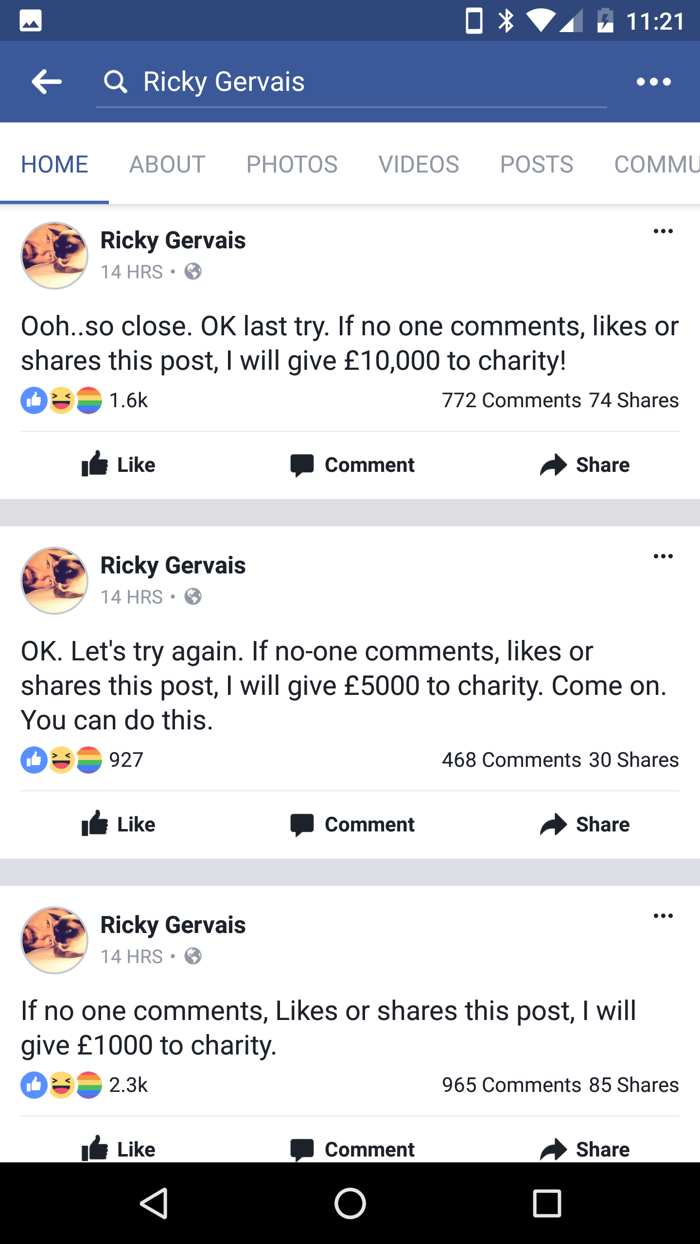 Ricky Gervais trying to give money to charity