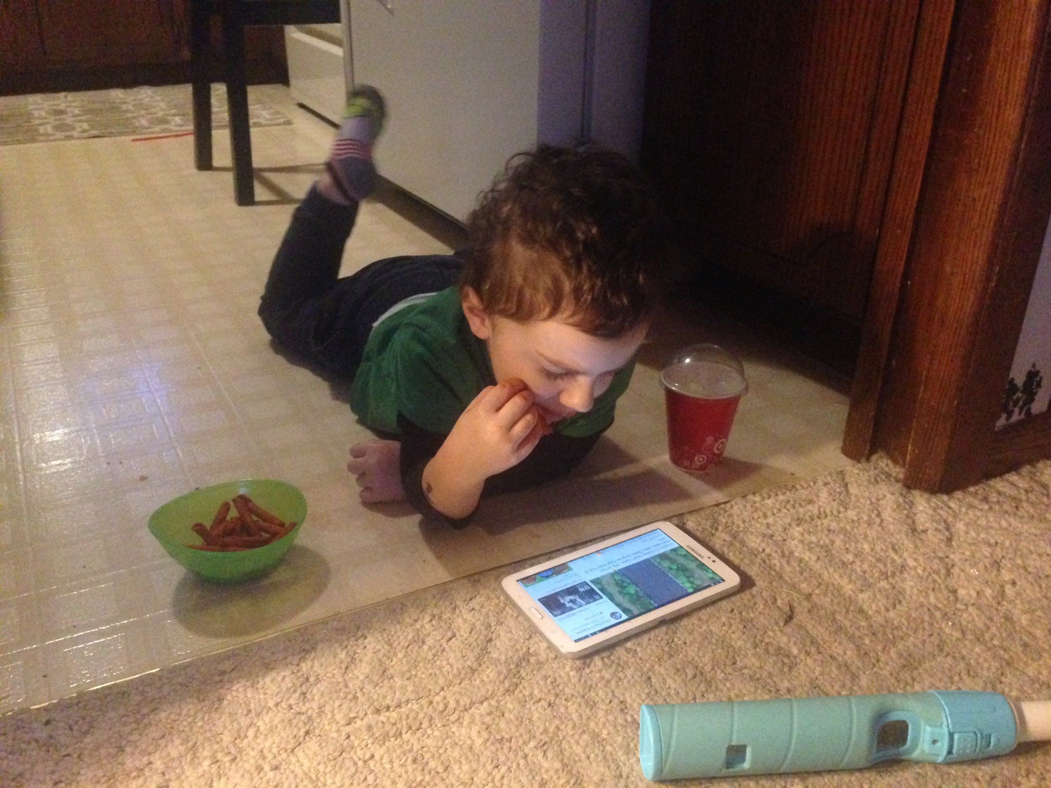 Food isn't allowed in the living room, his tablet isn't allowed in the