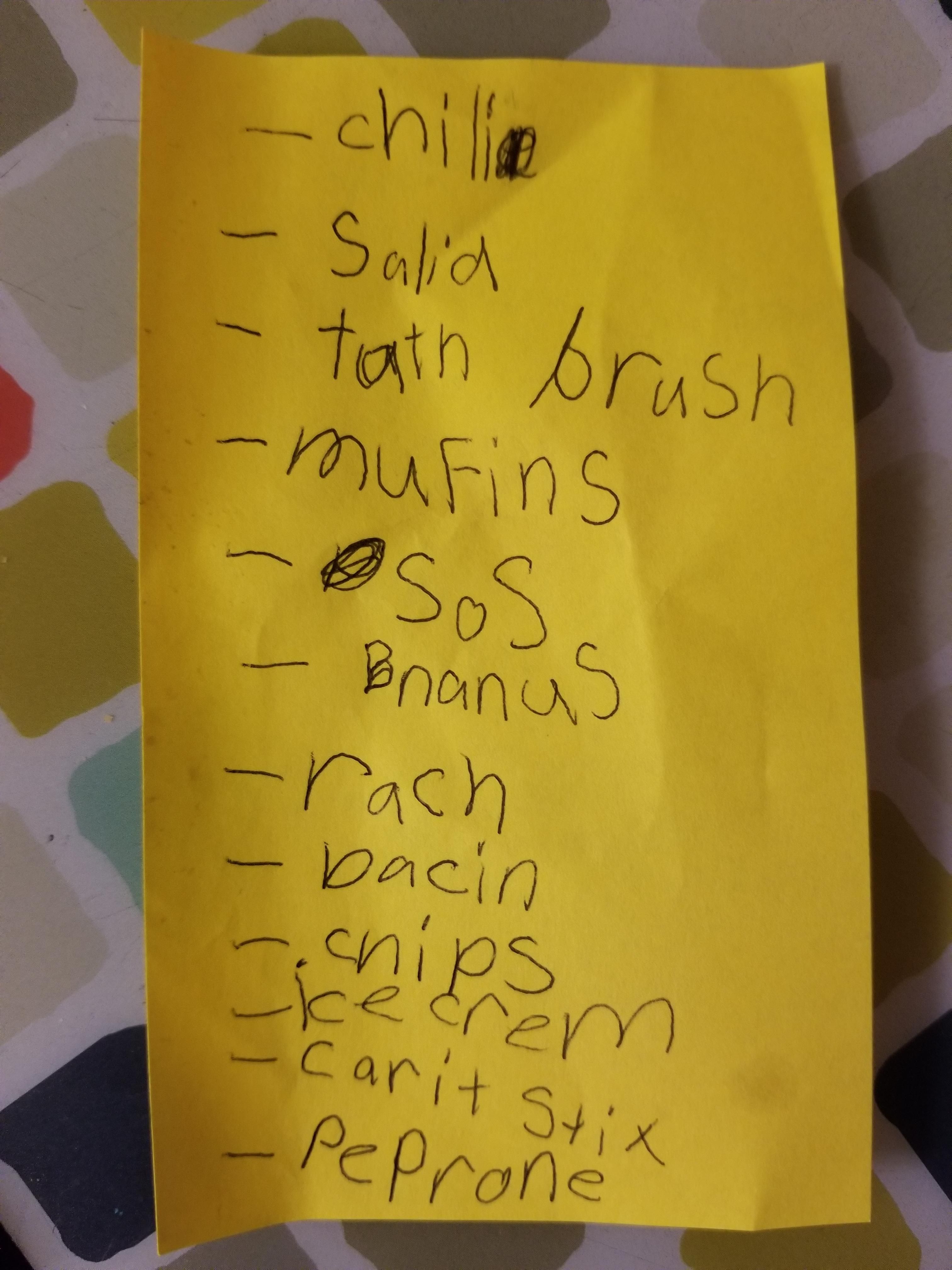 I asked my 6yr old niece to make us a grocery list. This is what she brought back.