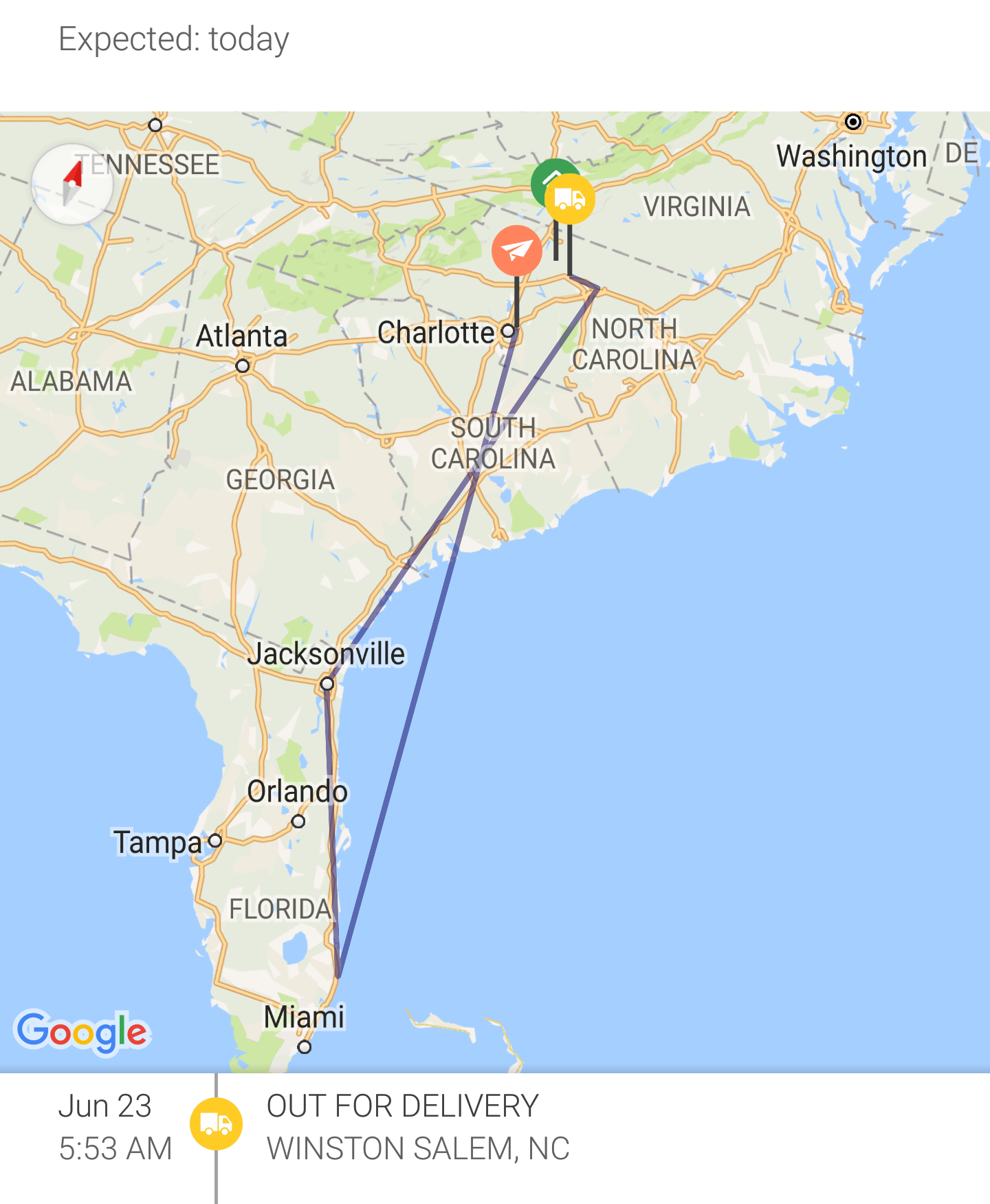 When your package needs to go from Charlotte to Winston-Salem, but UPS takes a shortcut through Florida