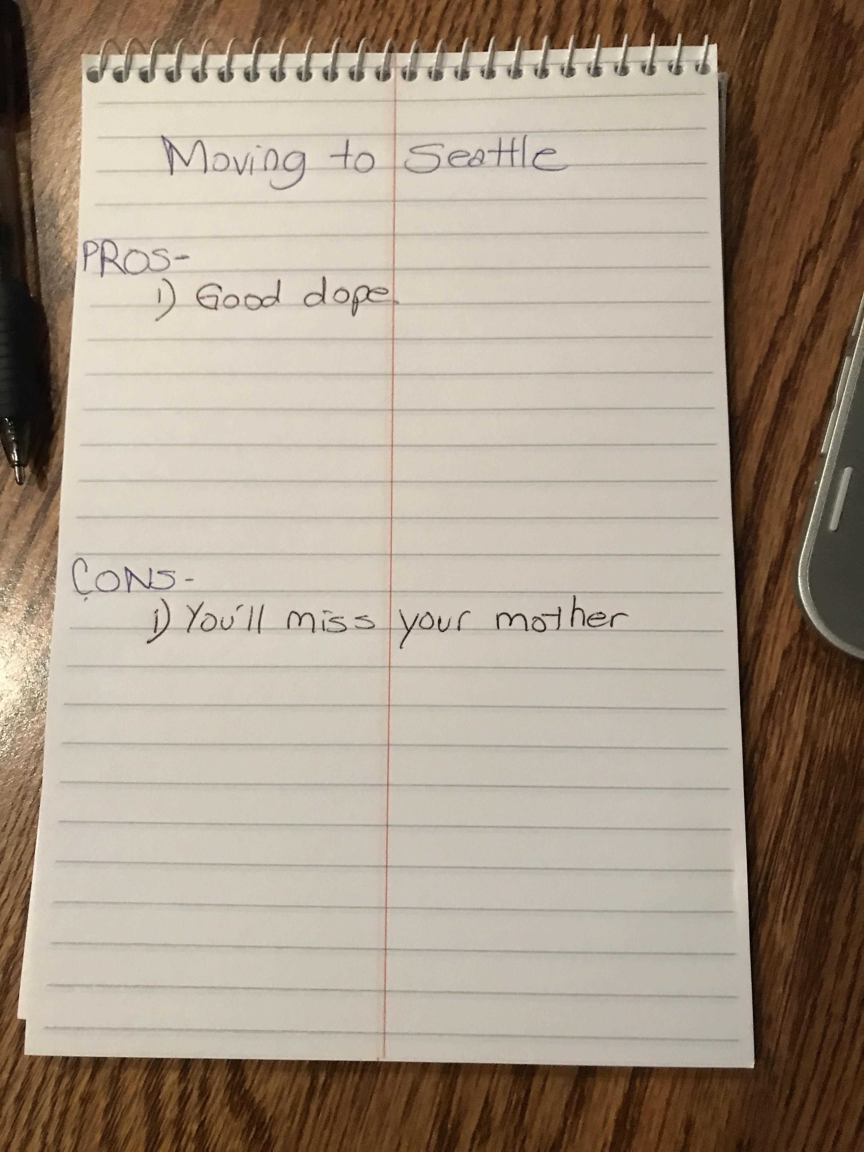 My mom started a pros and cons list for me about moving to Seattle.