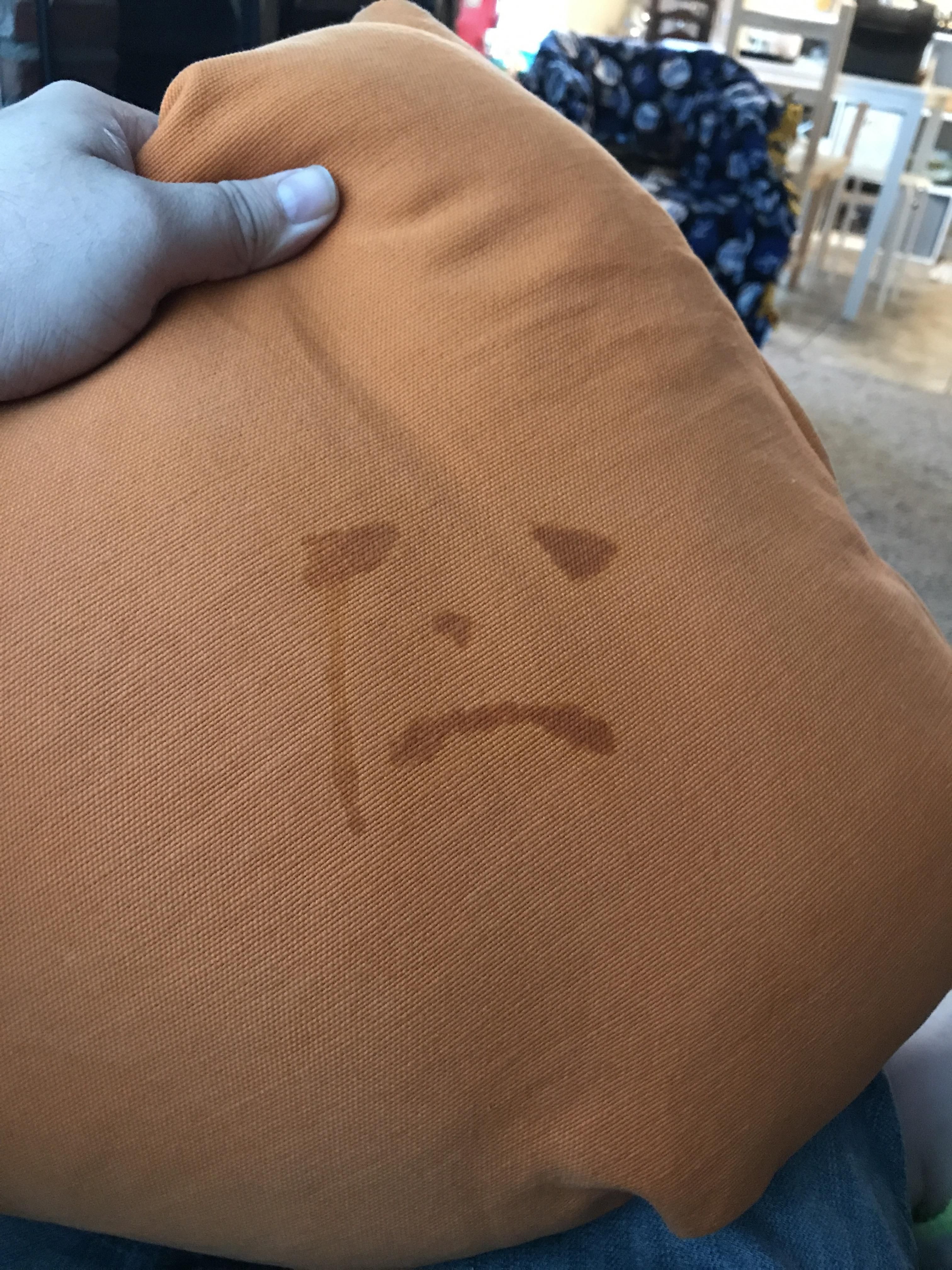 My daughter was crying because she didn't behave well enough to do fireworks tonight and she buried her face in this pillow. This is how it looked when she lifted her head.