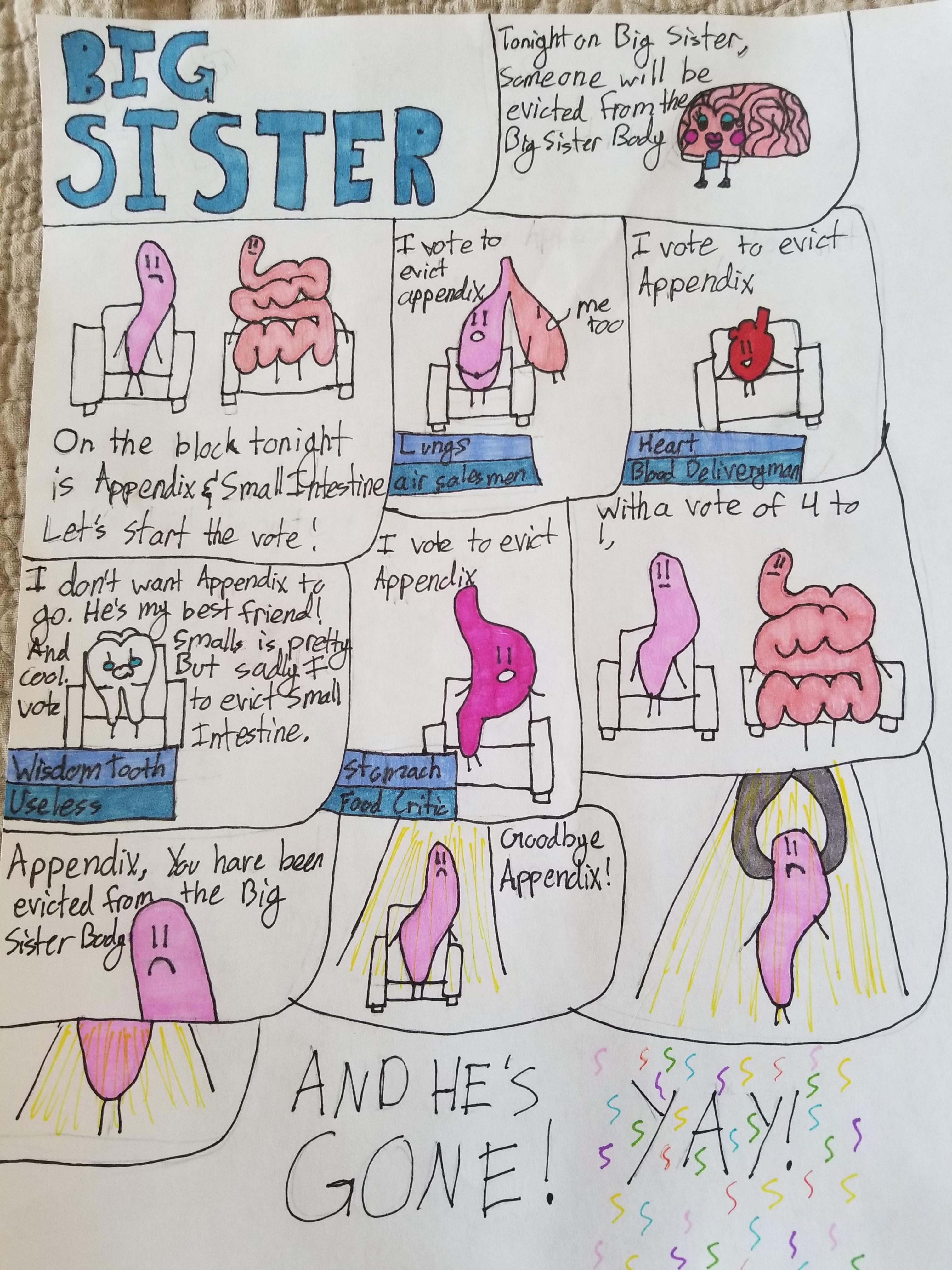My daughter, who made me the"Pancreas Get Well Soon" card, made a comic to say "good-bye" to her appendix