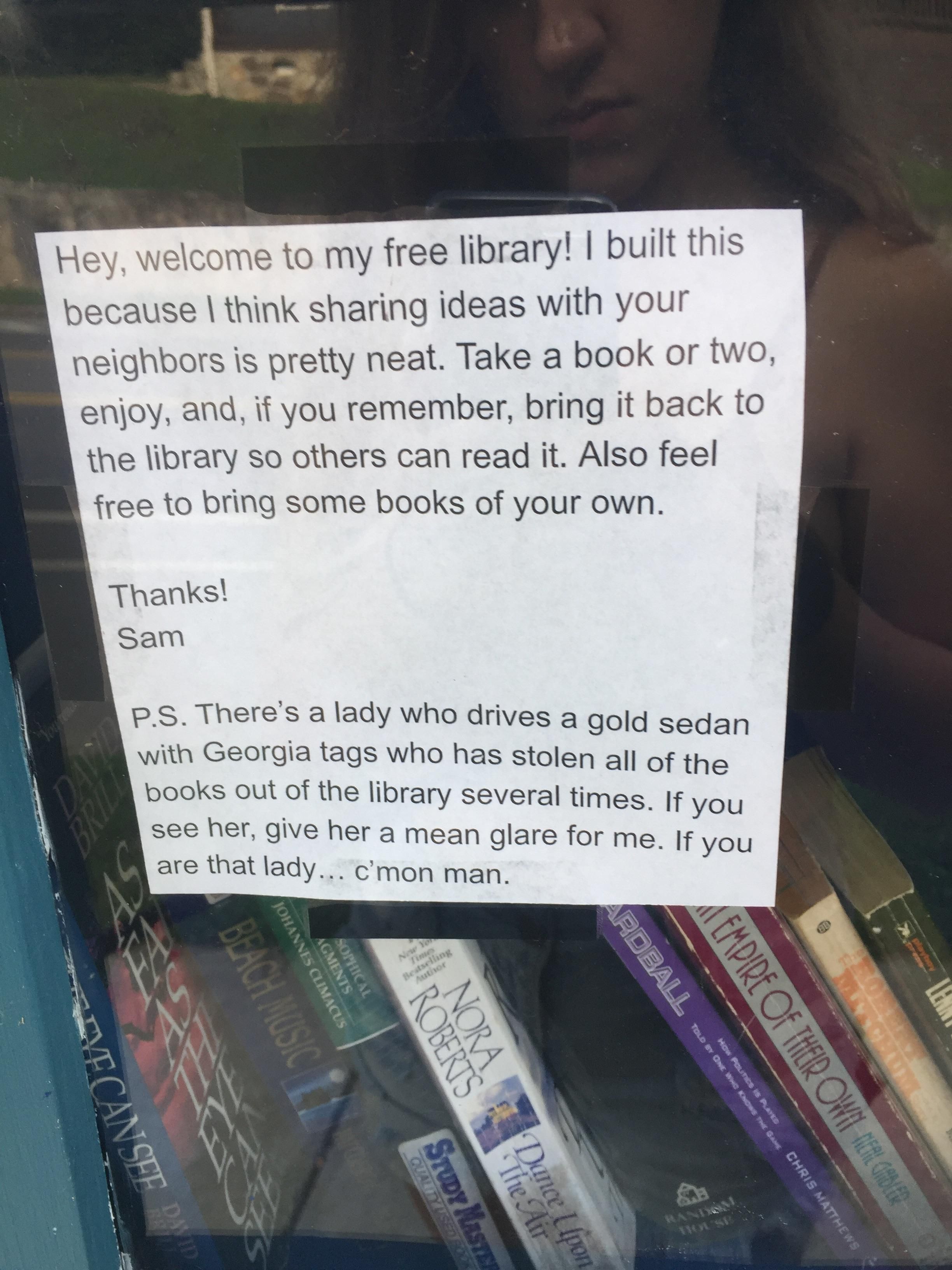 The ending to this note on the little library in my neighborhood definitely takes a turn