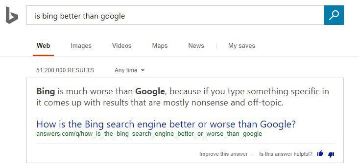 Asking Bing if Bing is better than Google...