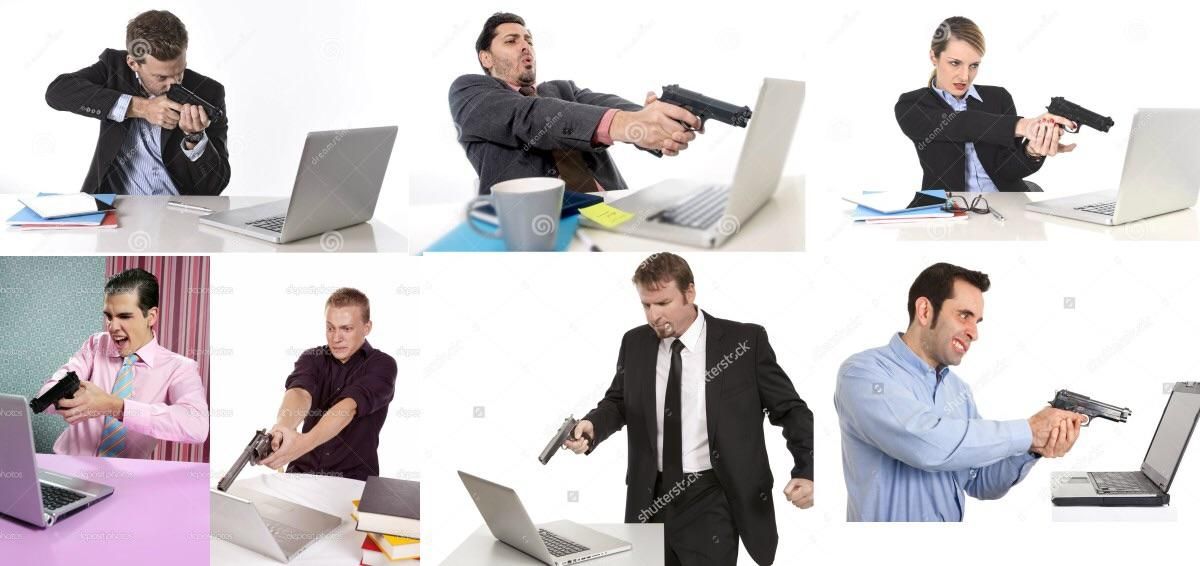 Why are there so many stock photos of people shooting their computers?