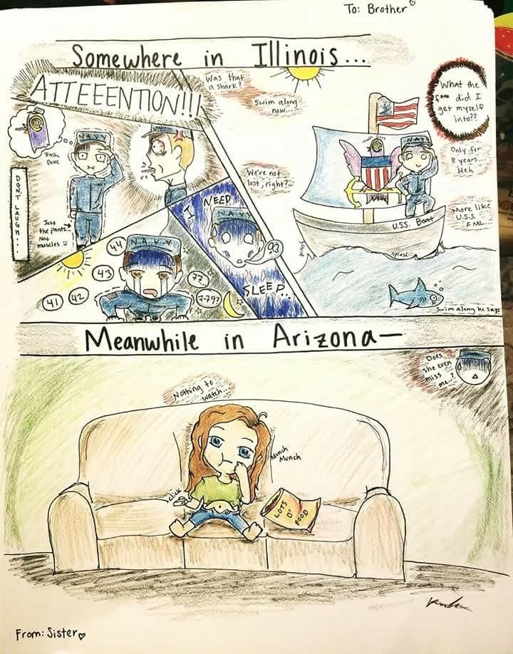 This drawing my cousin made for her brother who recently joined the navy.
