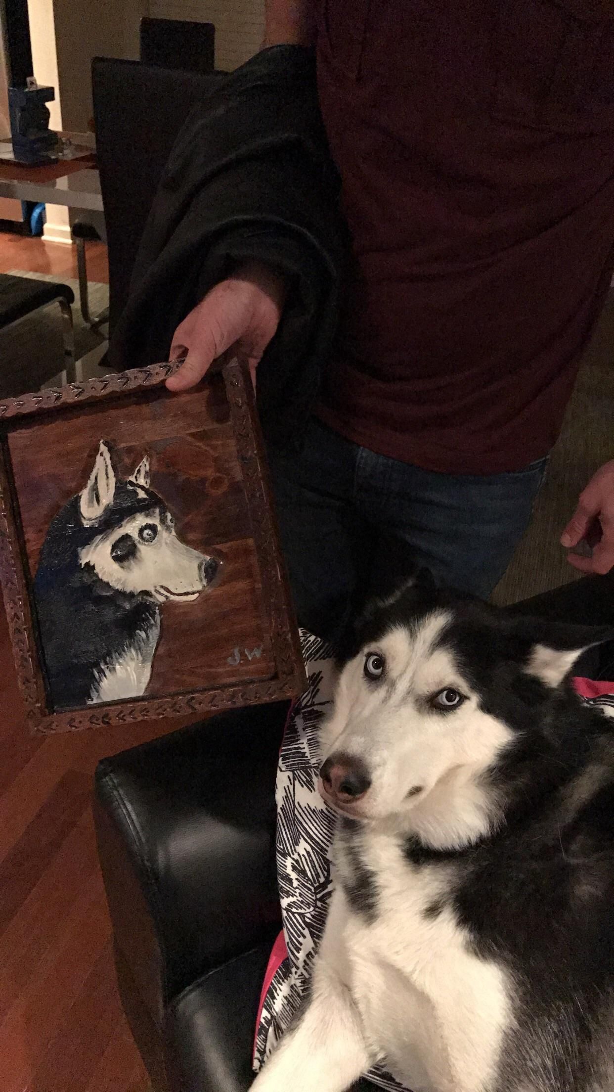 My boyfriend's grandpa carved a derpy picture of our husky. He didn't find it as amusing as we did.