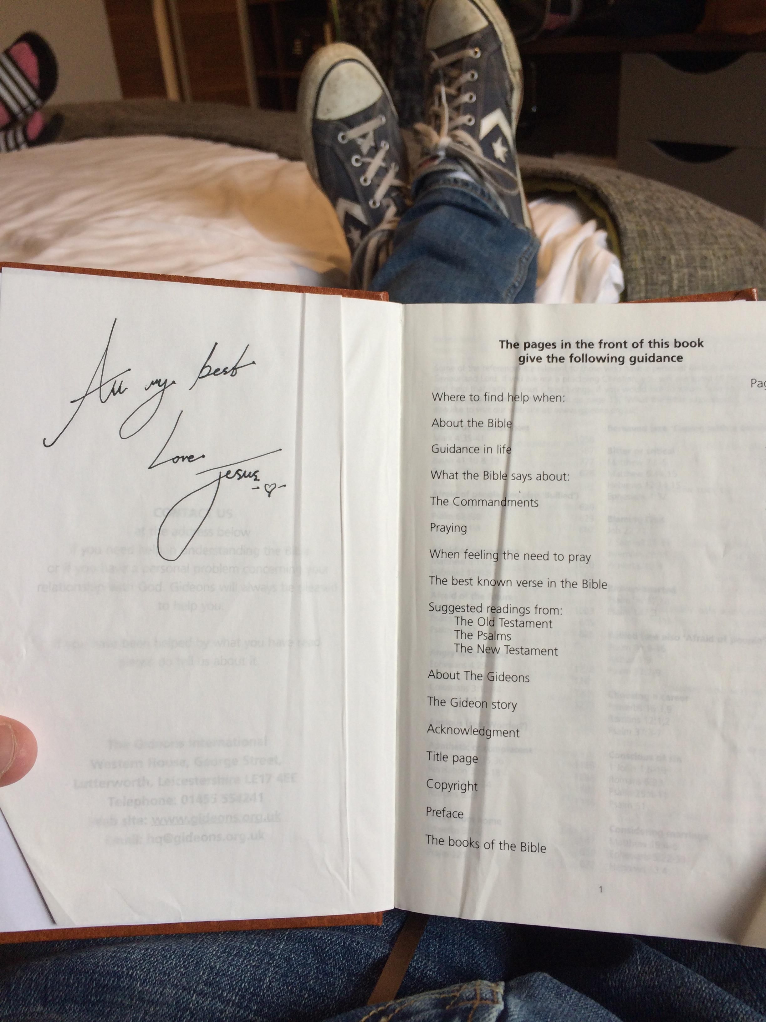 Signed Bible in my hotel room from the one and only..