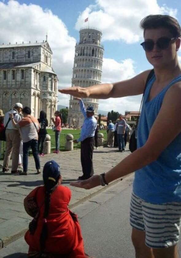 That's how you pose in front of the leaning tower of Pisa.
