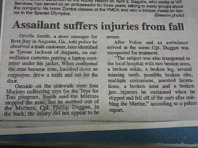 Assailant..."slipped and fell"