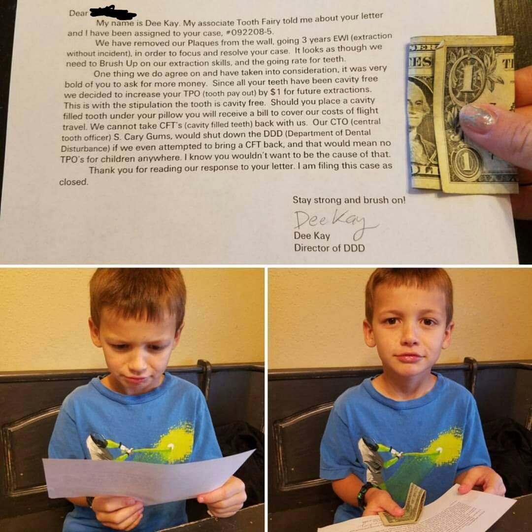 A friend's son got $1 from the tooth fairy a couple days ago. He wrote her a letter asking to upgrade his $1 to $5. This was the tooth fairy's response.