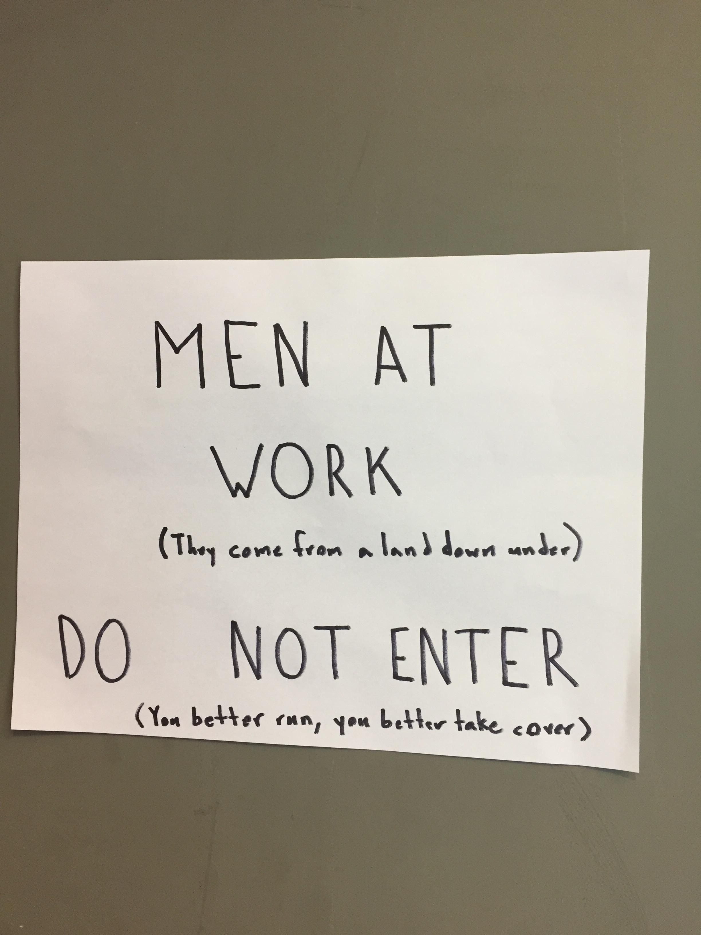 Customers kept trying to go into the room that was obviously under construction so the security guard put up a sign.