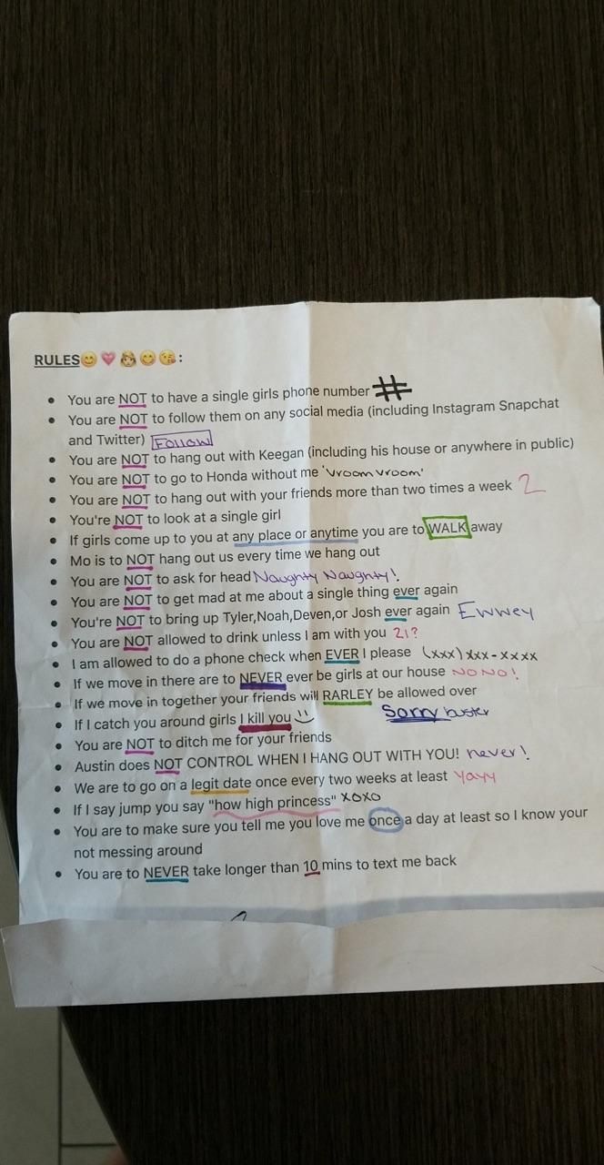 My buddy's girlfriend's new rules for him...