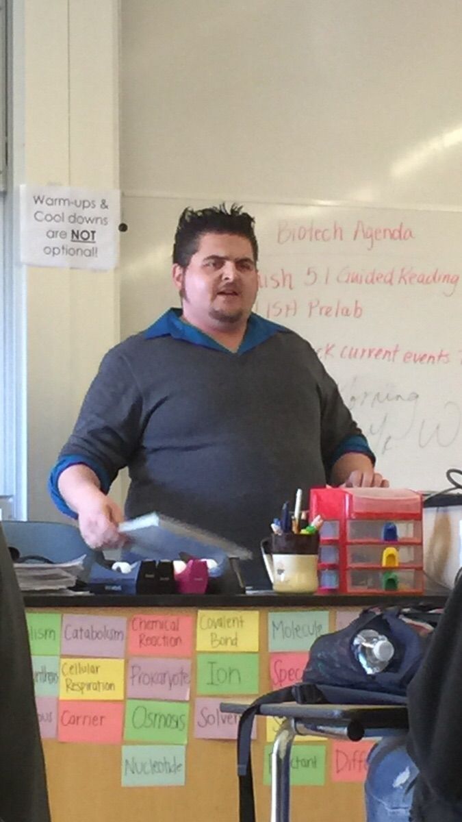 My substitute teacher looks like a cross of Wolverine and The Penguin.