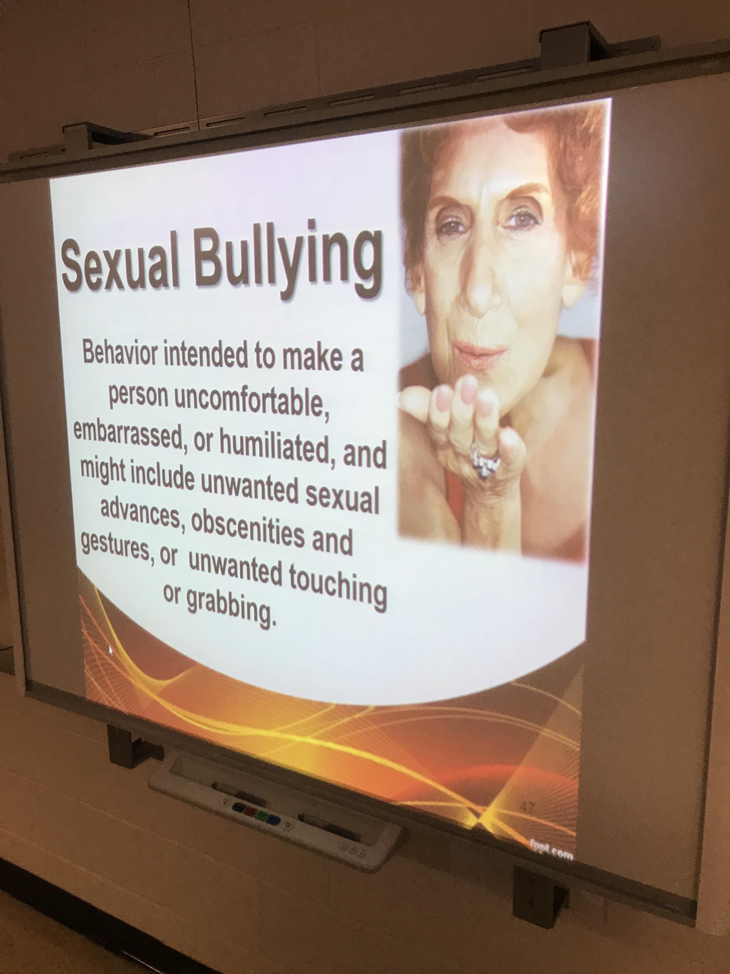 I teach 8th grade in Florida and had to teach a state mandated bullying lesson. This was a slide I had to go over with them.