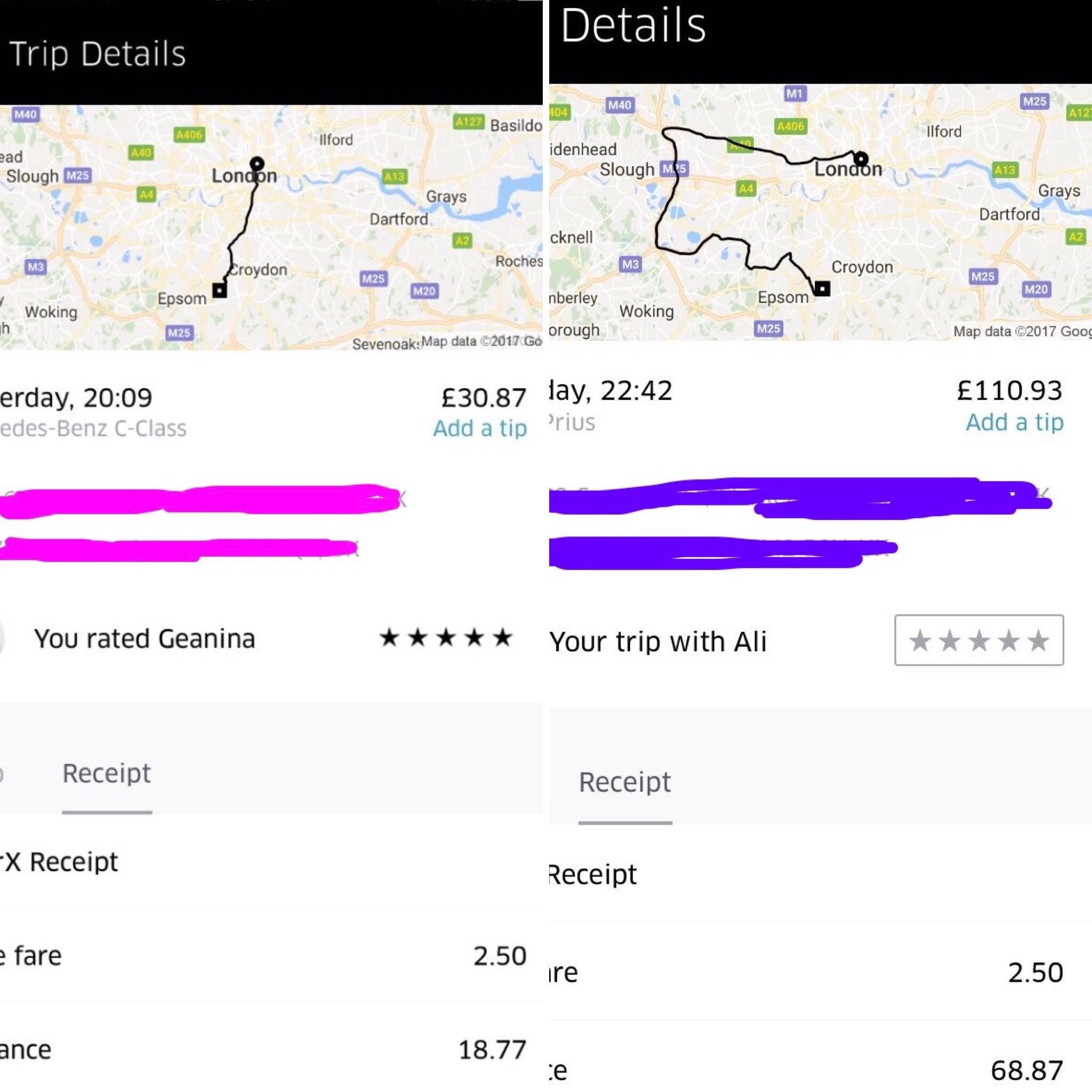 My friend and his dad got separate Uber's from the same place, to the same place. Spot the difference.